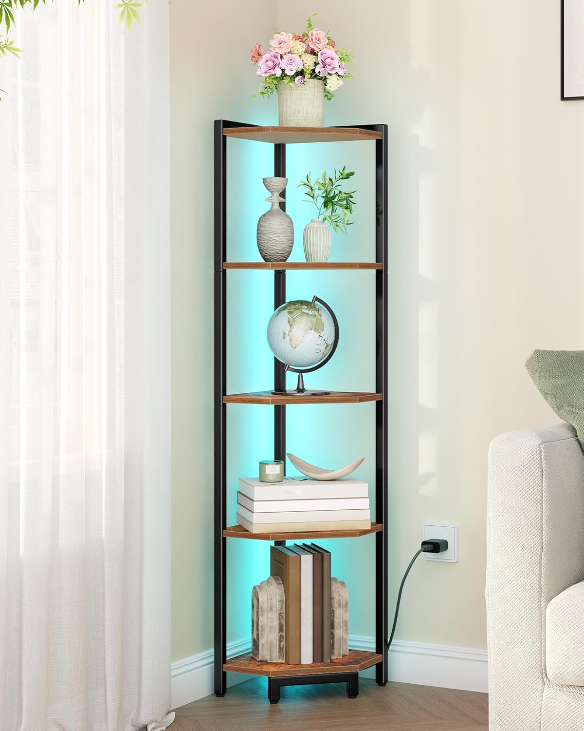 Corner Shelf with LED Light, 5-Tier Corner Bookshelf, Tall Narrow Display Bookcase with Metal Frame, Standing Shelf for Small Space, Living Room, Home Office, Bedroom, Rustic Brown CS66501B