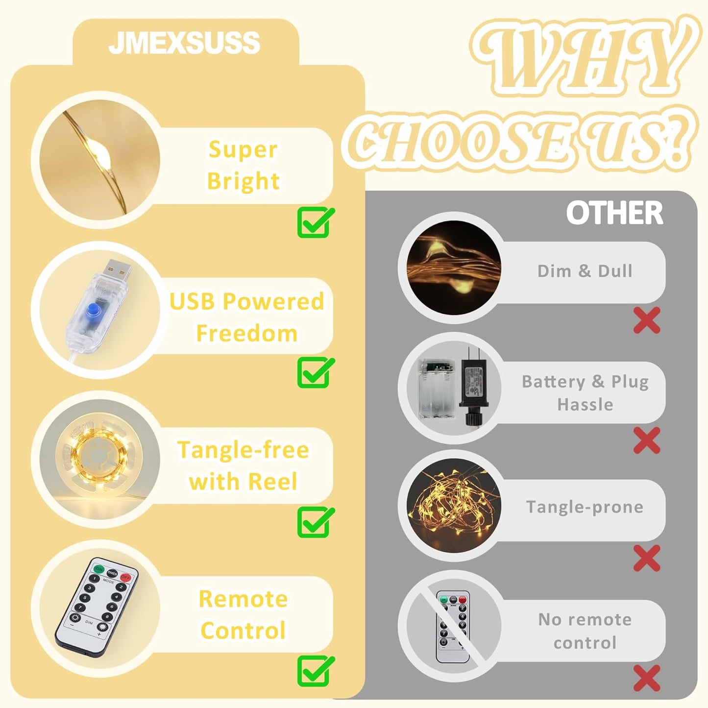 JMEXSUSS USB Fairy Lights for Bedroom, 33ft 100 LED Twinkle Lights Plug in with Remote, Indoor String Light for Dorm Girl's Room Tent DIY Birthday Gift Party Decor, Silver Wire, Warm White,Timer