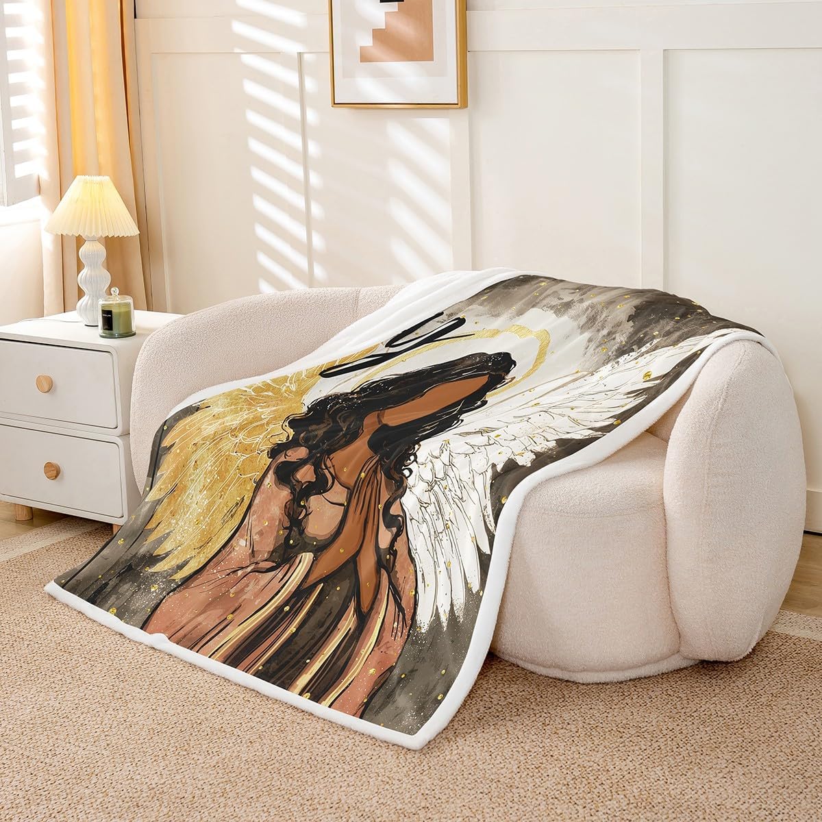 Feelyou Merry Xmas Sherpa Throw Blanket for Couch Black Girl Angel Super Soft Cozy Fleece African American Blanket for Winter, Plush Throw Throw 50"x60" All Season