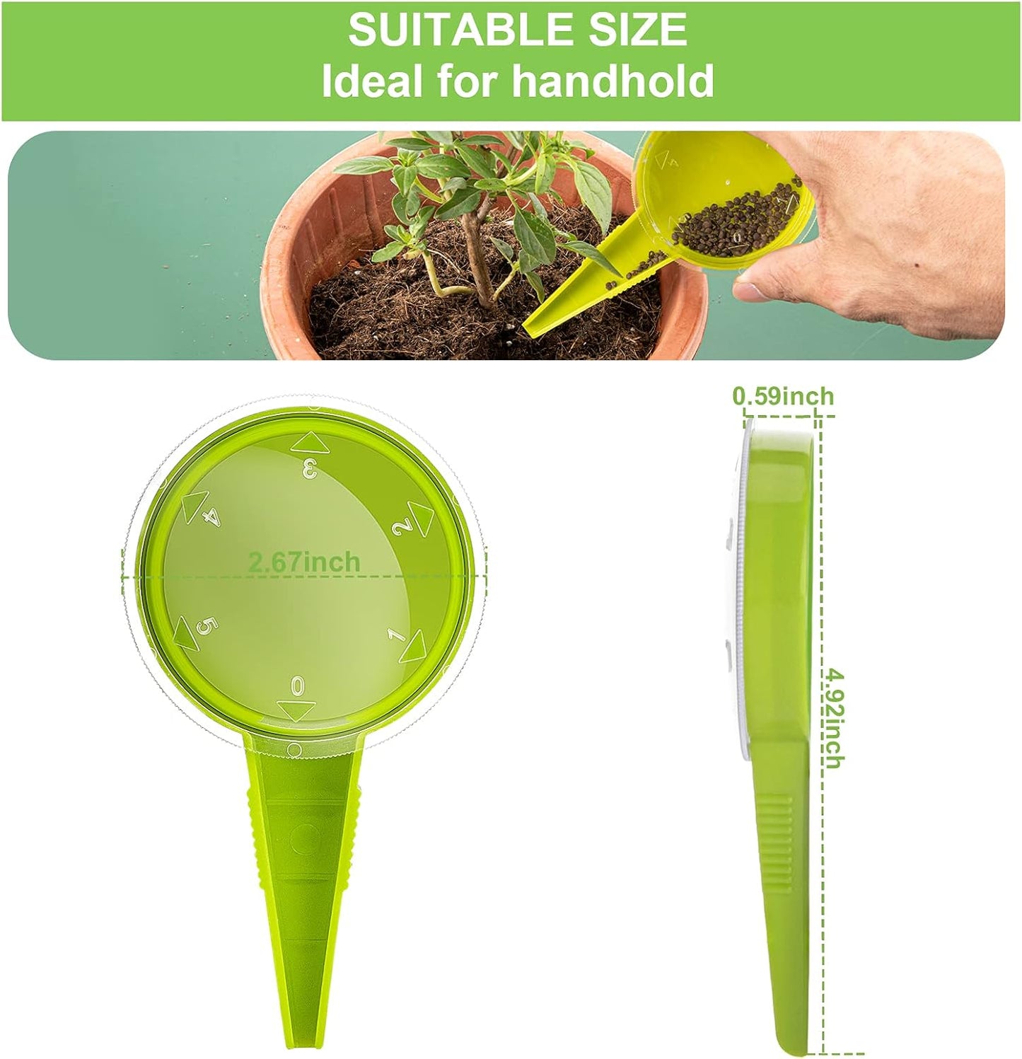Sowing Seed Dispenser Hand Tool, 6 Pack Handheld Garden Seeder Sower Planter with 5 Dial Settings, Ideal for Small Seeds of Flowers, Vegetables, Outdoor/Indoor（ Light Green）