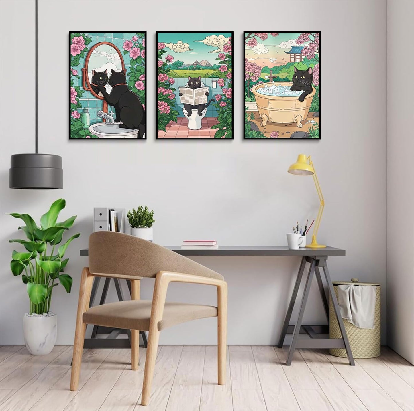 3pcs Funny Bathroom Black Cat Canvas Wall Art Cute Kitten On Toilet Posters Prints Vintage Japanese Cat In A Bathtub And Flowers Pictures Wall Decor for Washroom Bathroom Decoration Unframed