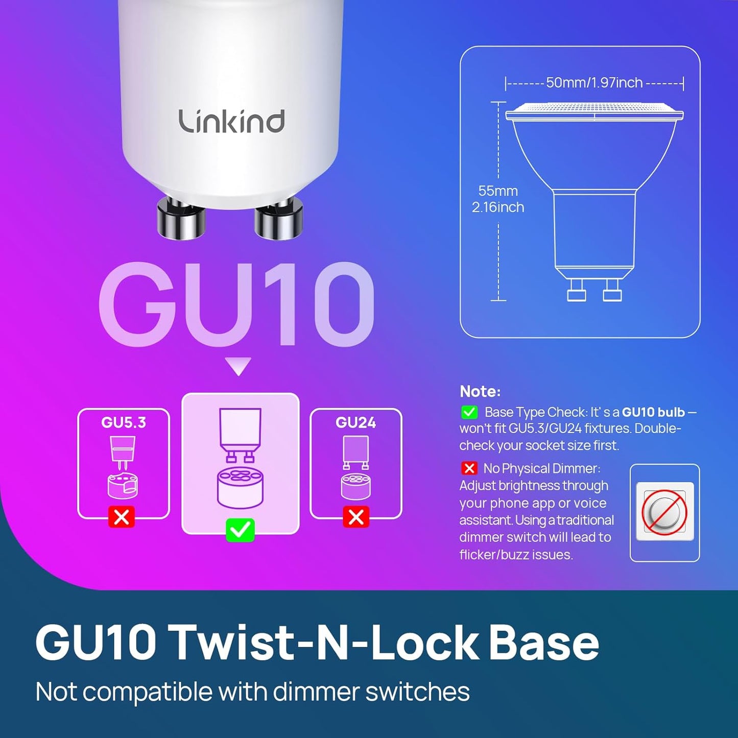 Linkind GU10 Smart Light Bulbs, 40W 470LM Color Changing Light Bulbs, Works with Alexa, Warm&Daylight White(1800K-6500K), 2.4GHZ WiFi Only, 2Pack