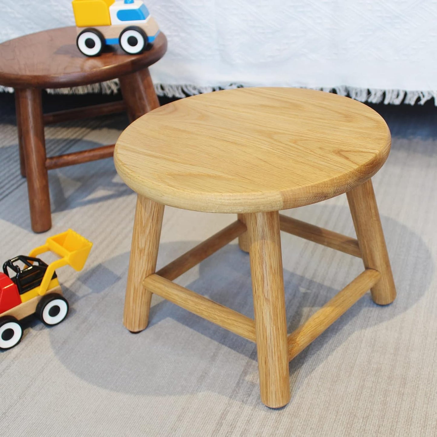 CONSDAN 9-Inch Round Step Stool for Adults & Kids, USA Grown Solid Oak Hardwood, Sturdy Small Foot Stool for Kitchen, Bedroom, Bathroom, Shoe Changing, Plant Stand, Fully Assembled (Natural)