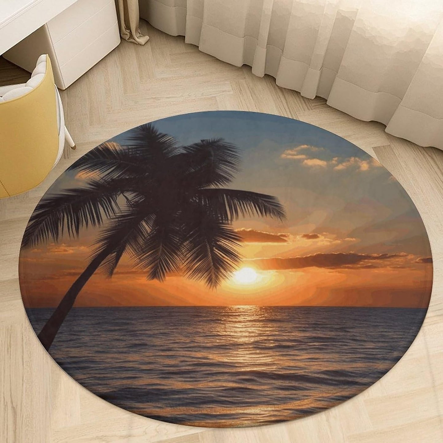 Sunset Palm Tree Ocean Circle Rug Retro Luxury Coral Velvet Floor Mat Non Slip Soft Indoor Floor Carpet Comfy Thickened Area Rugs Modern Aesthetic Minimalist Carpets for Home Decor