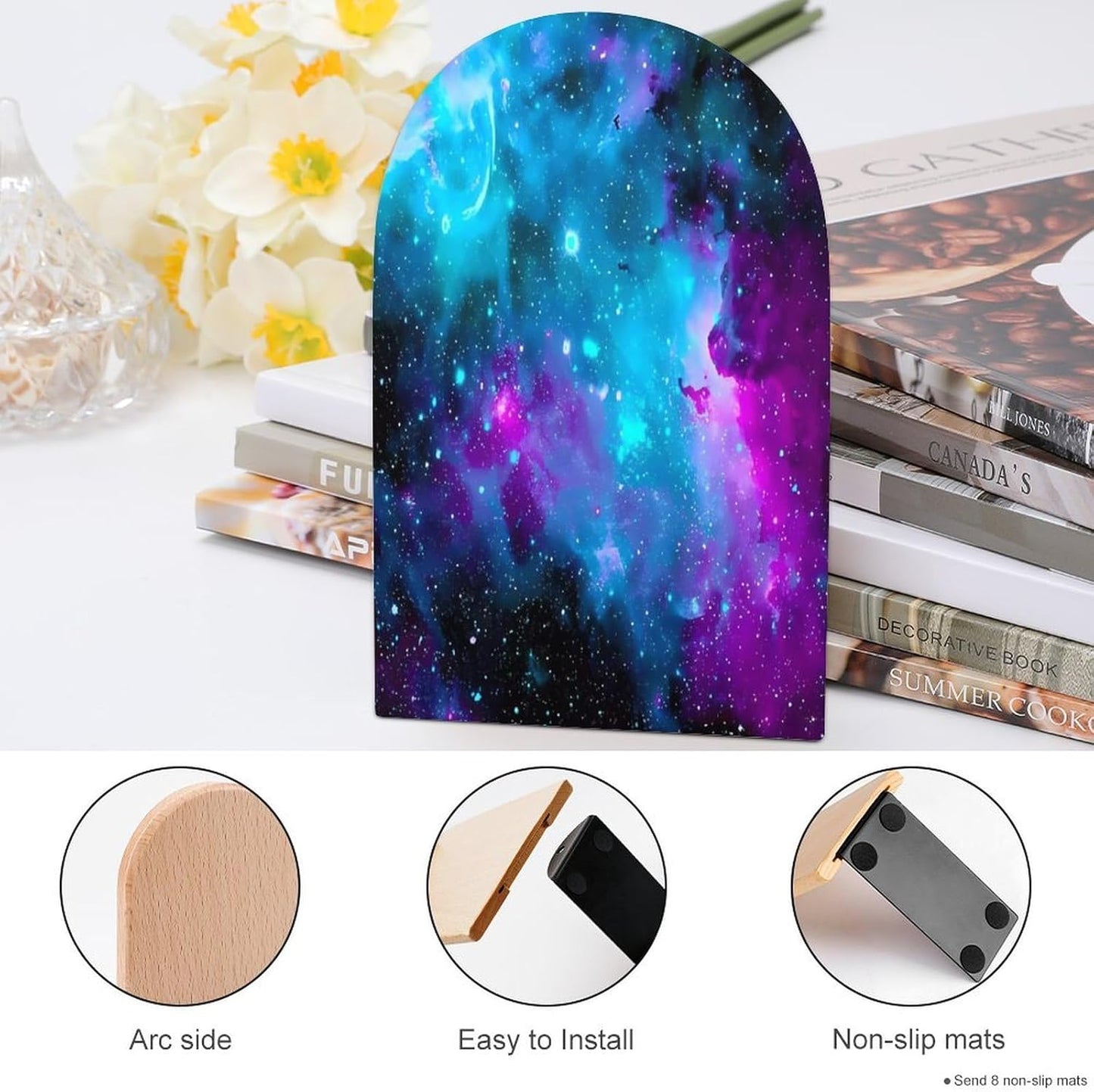 Purple Starry Sky Wooden Bookend Non-Slip Book Ends Heavy Duty Book Stopper with Metal Base Books Holderd Decorative Bookends Stands Firmly for Office Supplies