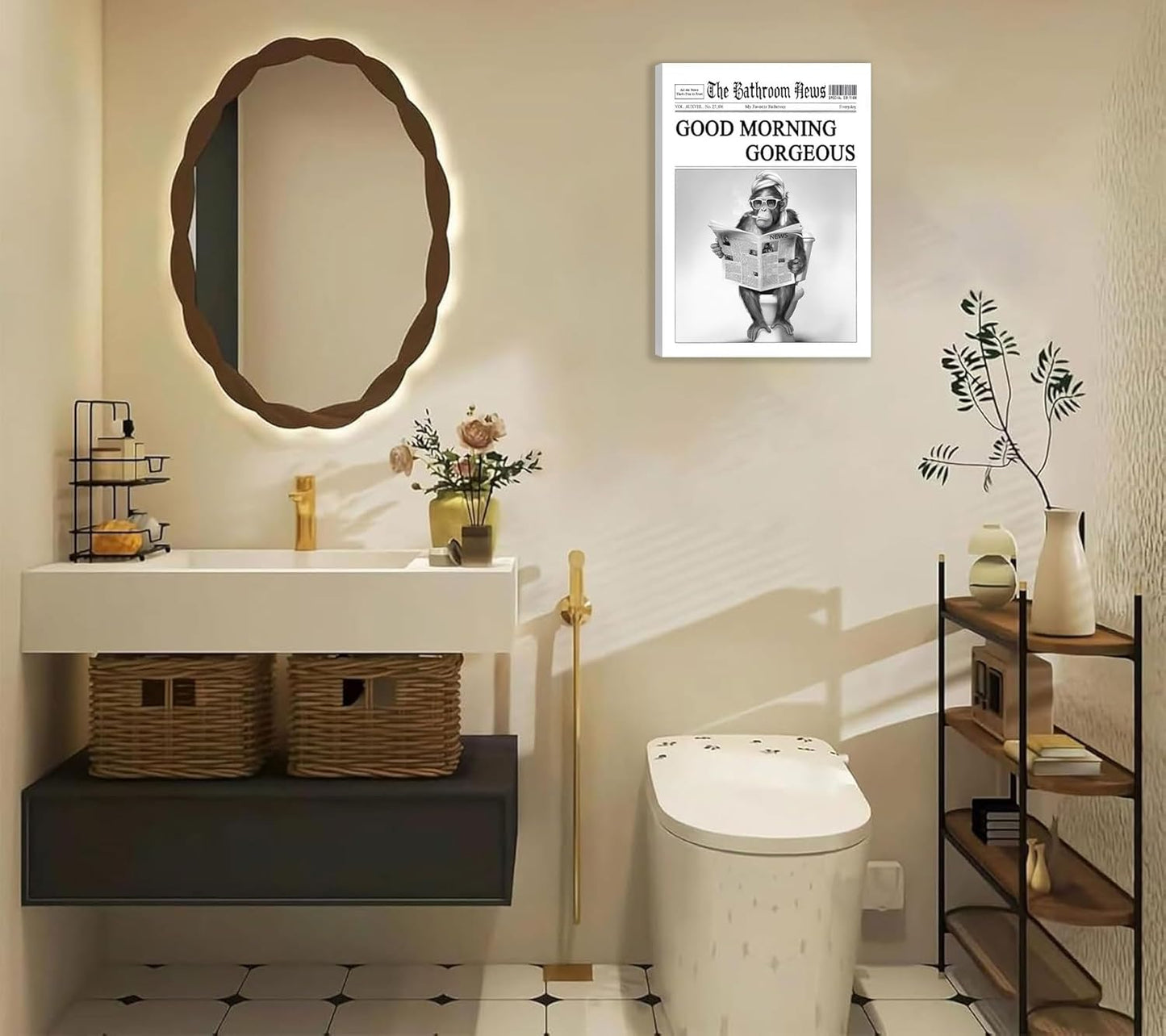 Funny Gorilla Bathroom Canvas Wall Art Black White Gorilla Reading Newspapers Painting Picture Wall Decor Humorous Bathroom Animals Poster Print Artwork for Toilet Home Decoration 12x16in
