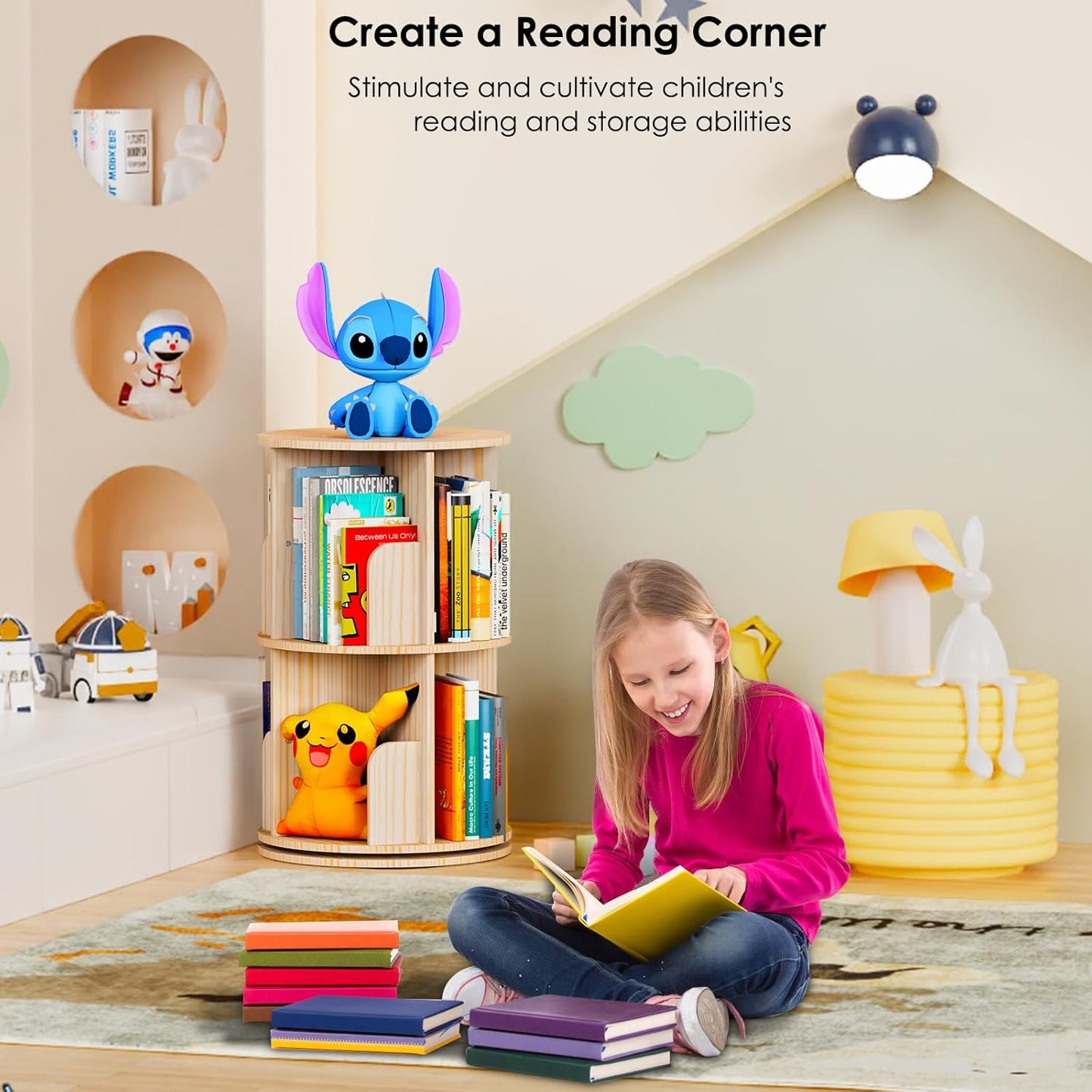 Small Rotating Bookshelf, 2 Tier Revolving Bookcase 360 Display Round Spinning Bookshelf Narrow Swivel Corner Book Shelf Standing Bookcase for Kids Bedroom, Living Room