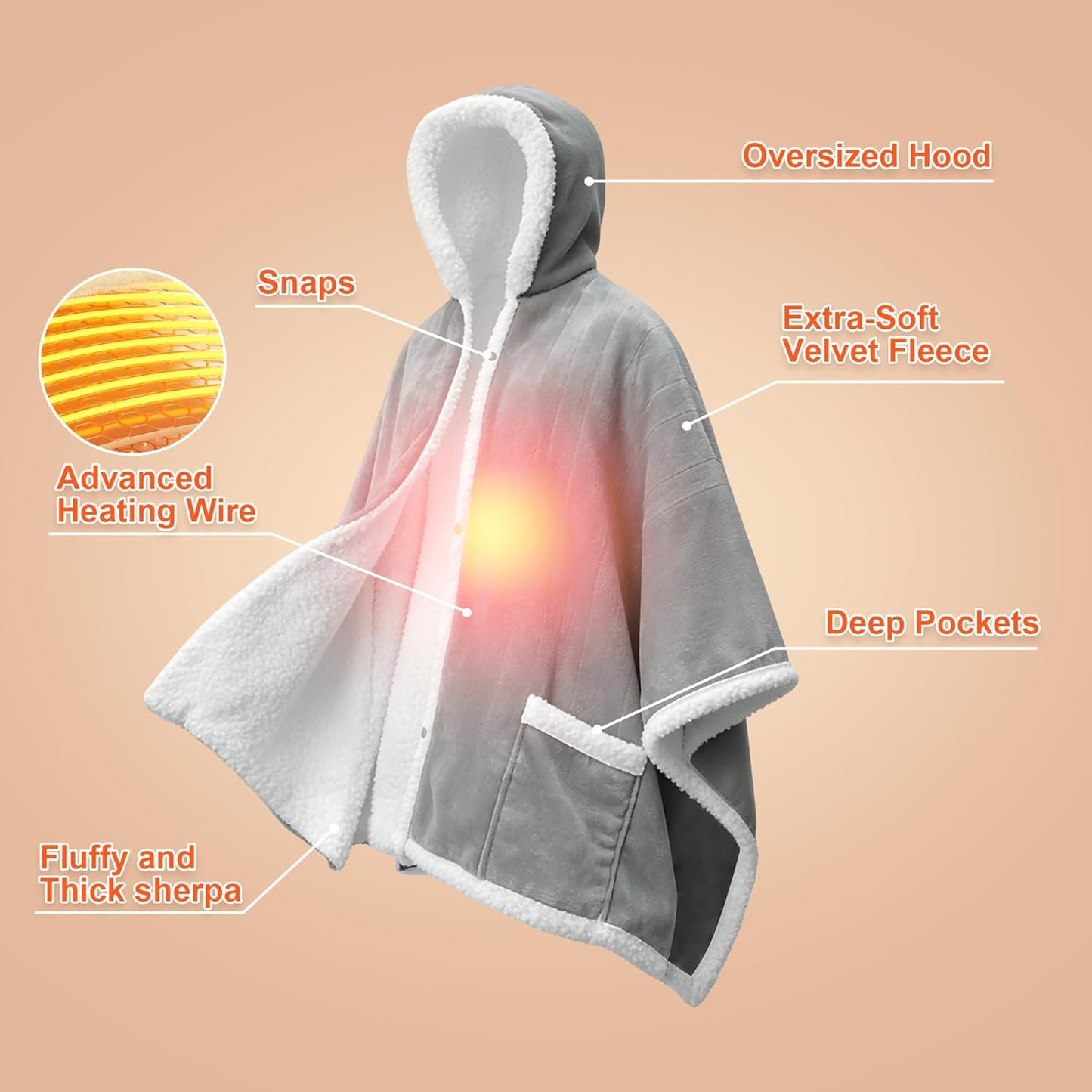 Myiosus Heated Blanket Wearable Shawl, Electric Wrap Poncho Blanket Hoodie with Pockets, Velvet & Sherpa Heating Throw with 6 Heating Levels & 4 Time Settings,Birthday Gifts for Mom, 50 x 64 Inch,Grey
