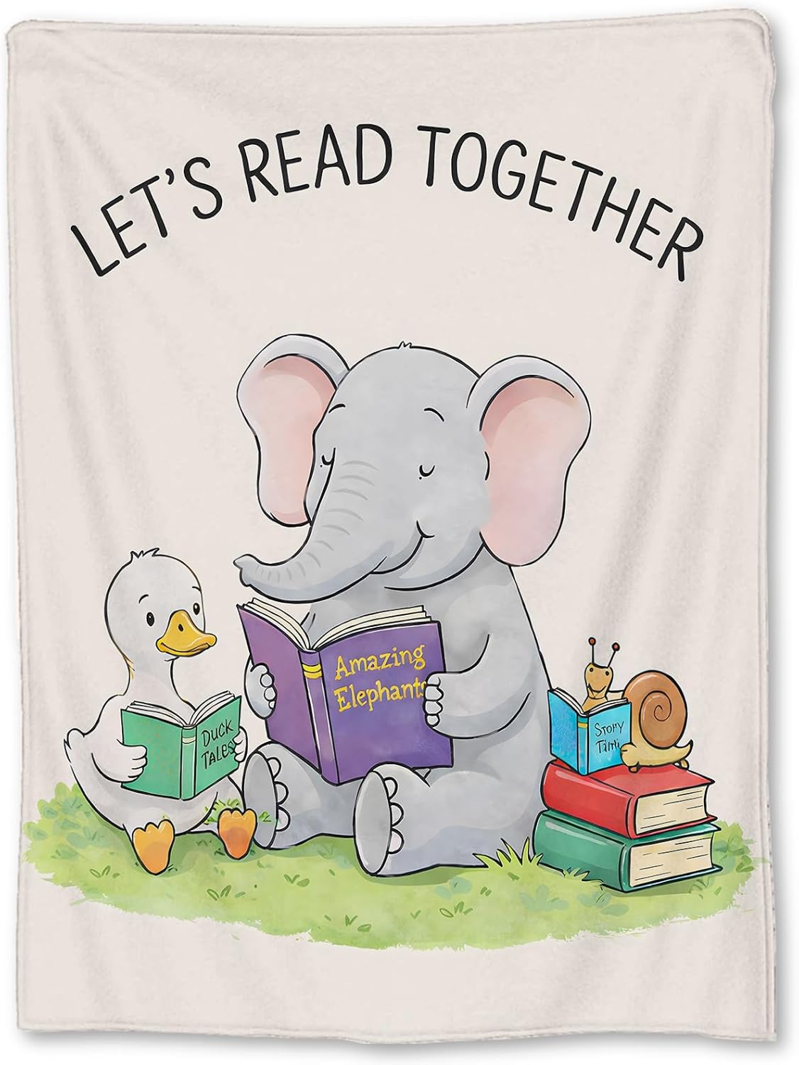 Cute Elephant Duck and Snail Reading Books Blanket Gifts, Flannel Throw Blanket for Couch, Bed, Travel & Home Decor, Cozy Lightweight Fuzzy Warm Blankets for Women Kids Girls 60×50 in