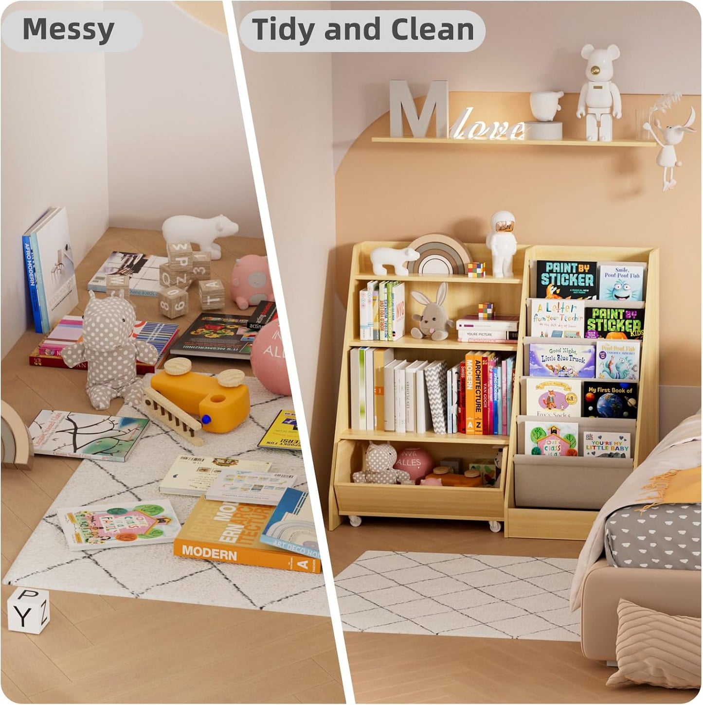Kids Bookshelf and Toy Storage, 4 Tier Toddler Bookshelf with Movable Drawer, 5 Layer Sling Children Bookcase for Book Storage and Display