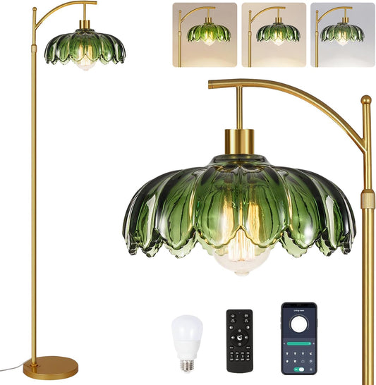 Gold Floor Lamp for Living Room Bedroom with Remote,Unique Vintage Standing Tall Lamp,Mid Century Modern Floor Lamps with Dimmable Bulb,Arc Green Glass Floor Lamps for Office Corner