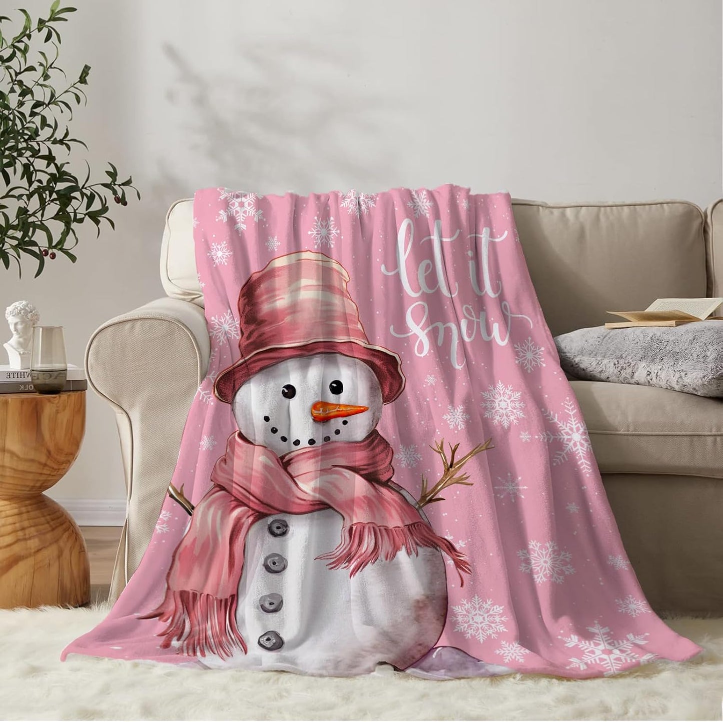 YeeJu Christmas Decorative Throw Blanket Pink Cute Snowman Throw Blanket for Couch Sofa Bed Soft Cozy Let It Snow Fuzzy Plush Fleece Blankets and Throws Xmas Blanket 50x60