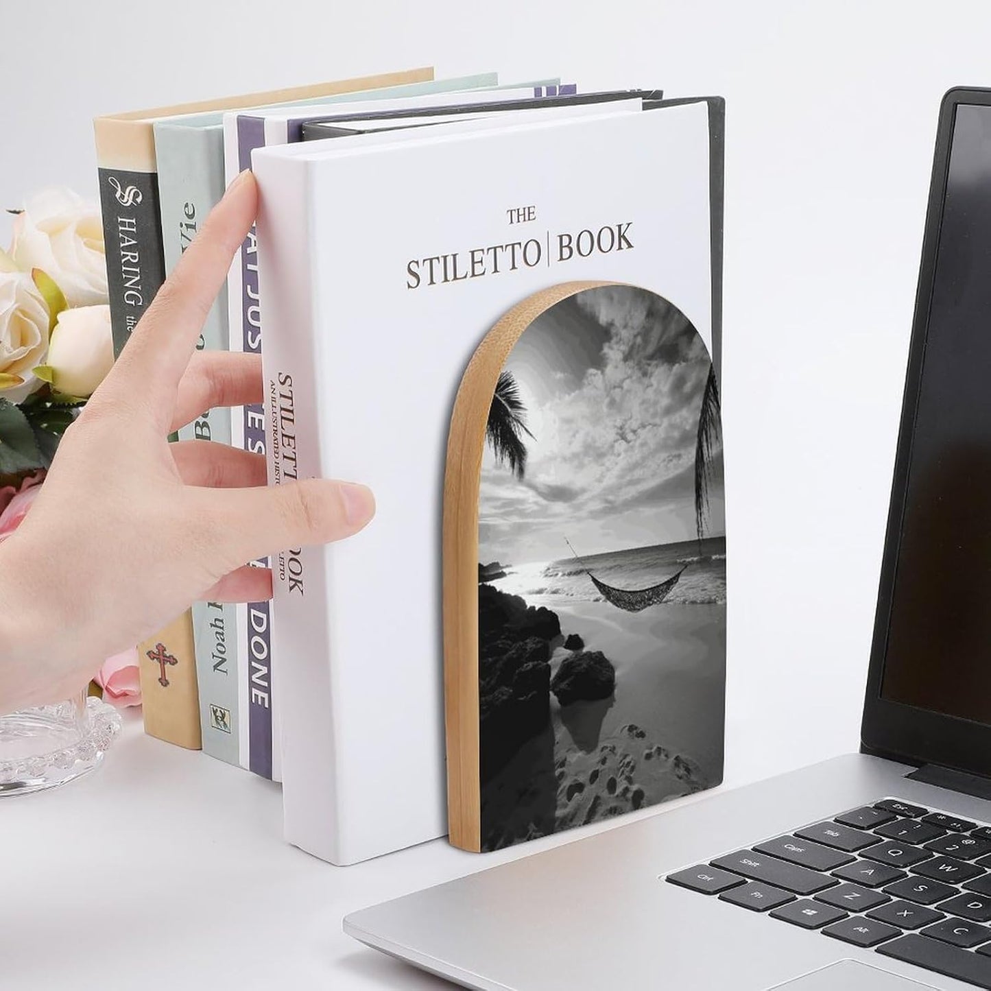 Black and White Beach Bookend for Shelves Wooden Book End Large Size Sturdy Book Holders Stoppers with Metal Base for Bookshelves Slick Decorative Bookends Stands