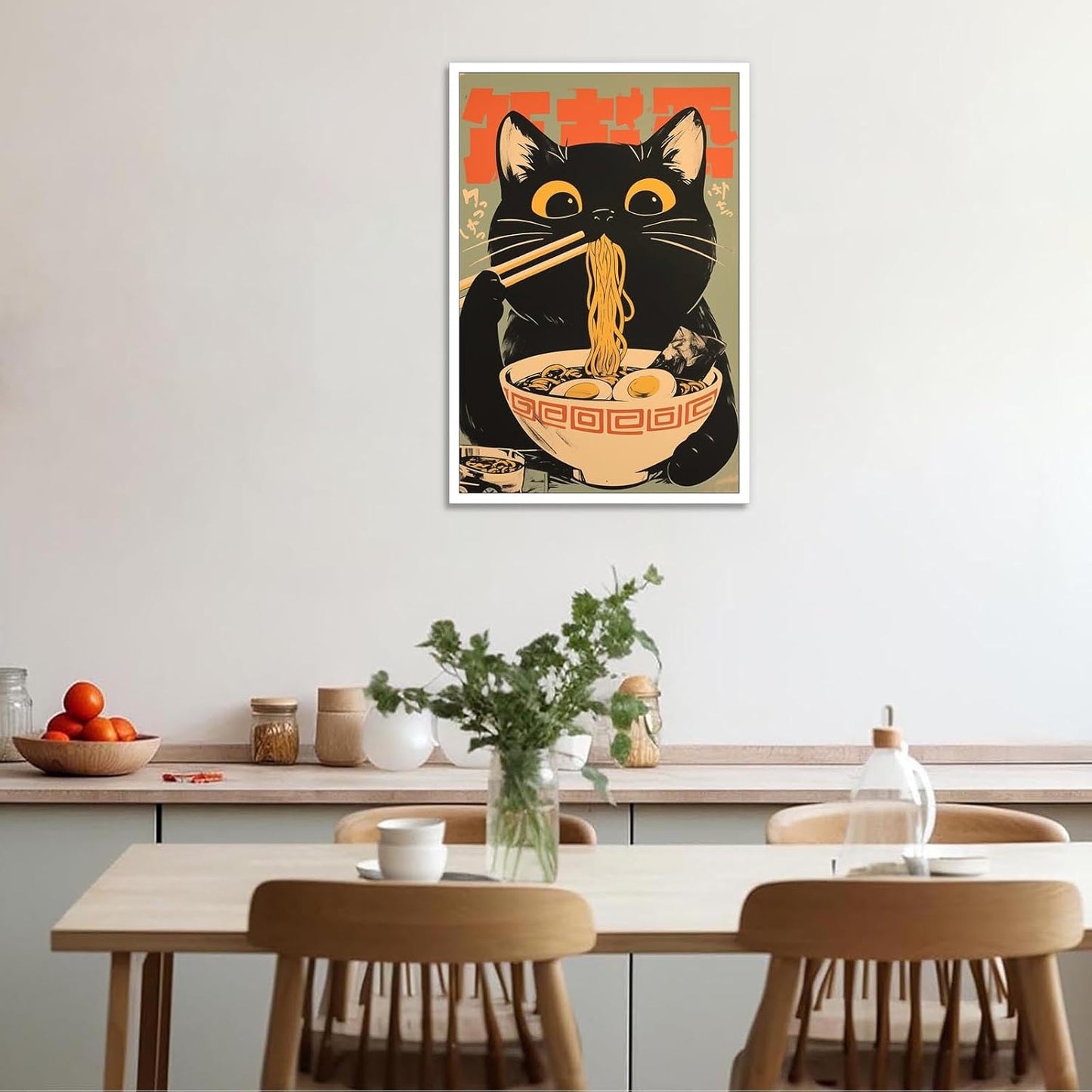 noskisy Vintage Black Cat Eat Tasty Noodle Posters Japanese Cute Cats Canvas Wall Art Period Ramen Cat Lovers Prints Painting For Kitchen Home Bedroom Dorm Wall Decor 8x12in Unframed