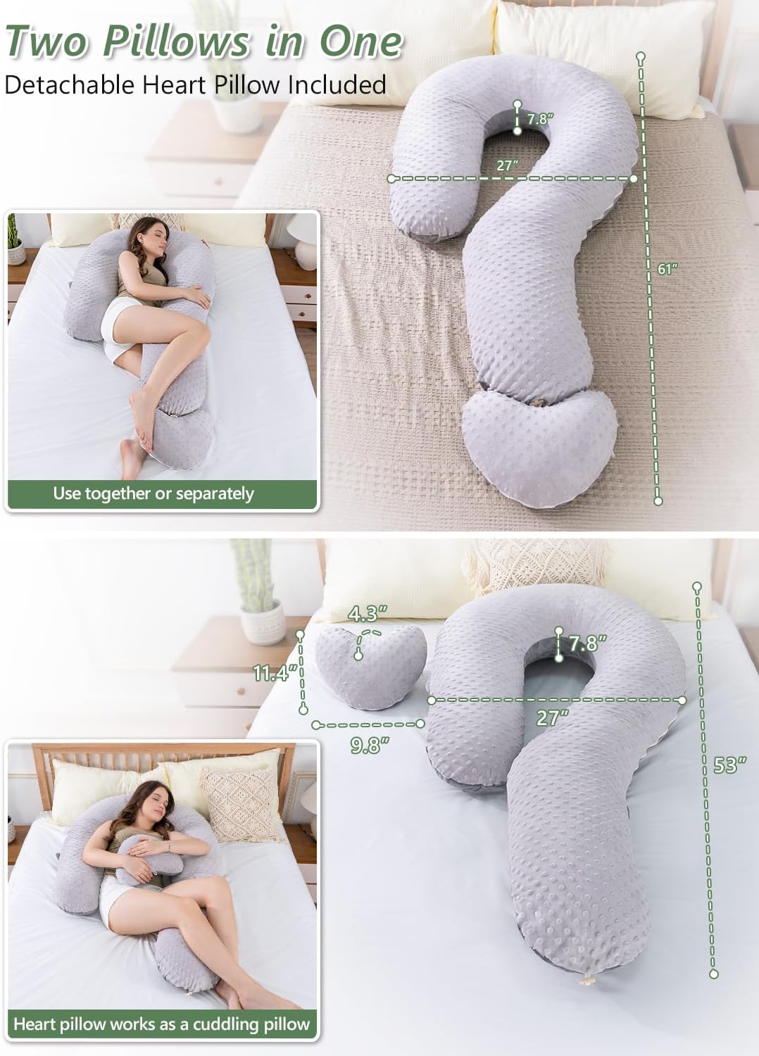 Meiz Question Mark Body Pillow for Adults & Couples, Dual-Sided Velvet Long Bolster Pillow with Detachable Heart Cushion for Hugging, Full Body Support Pillow for Side Sleepers & Back Support