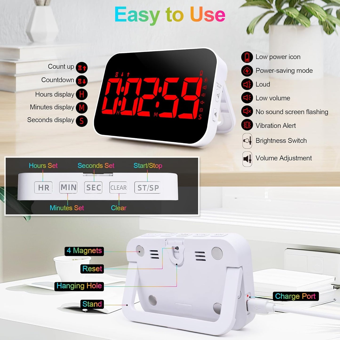 Digital Kitchen Timer, Rechargeable Magnetic Timer with Countdown/up, 5”LED Large Display 3 Brightness 4 Volume Adjustable for Cooking and for Seniors and Kids to Use-Red
