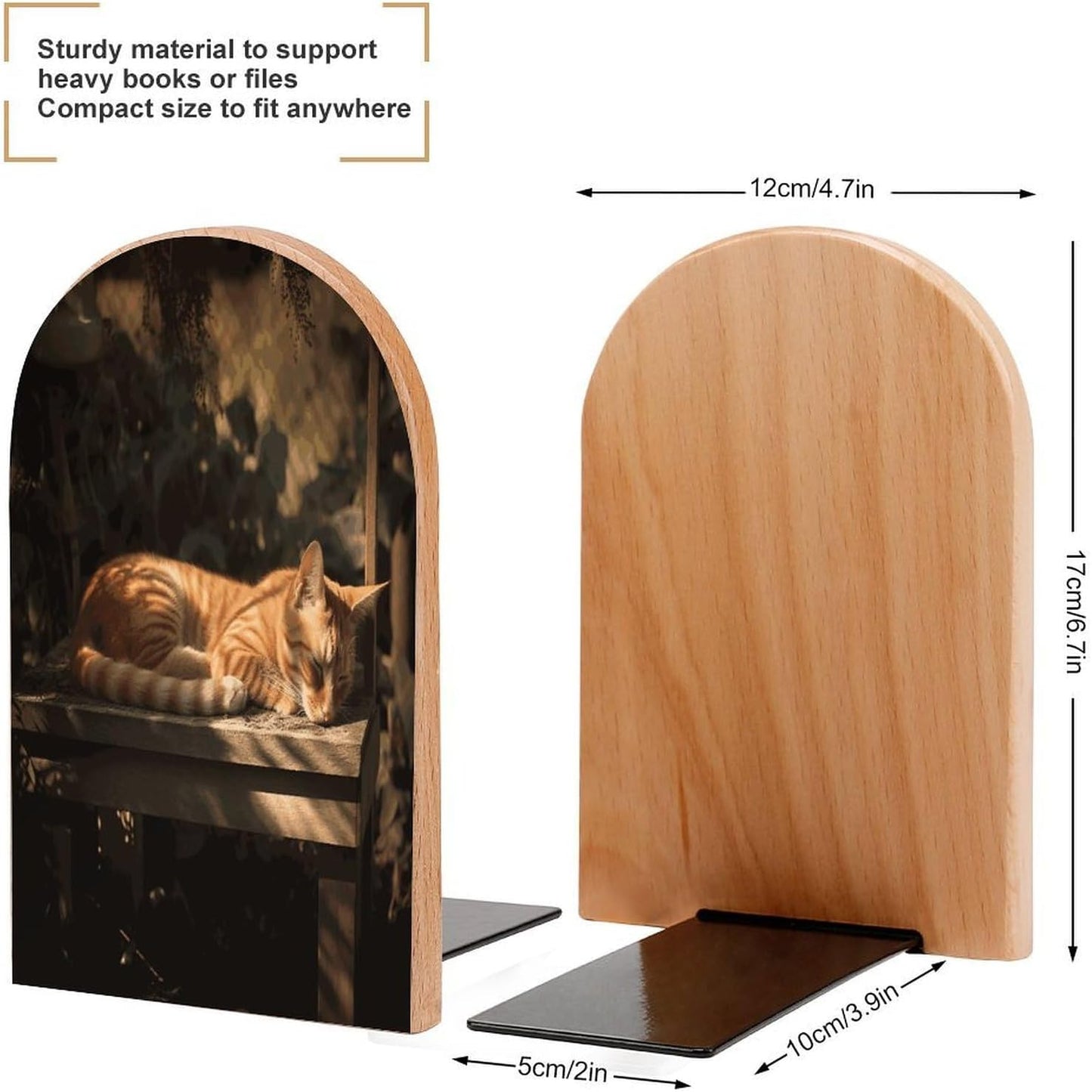 Orange Cat Sleeping Bookend for Shelves Wooden Book End Large Size Sturdy Book Holders Stoppers with Metal Base for Bookshelves Slick Decorative Bookends Stands