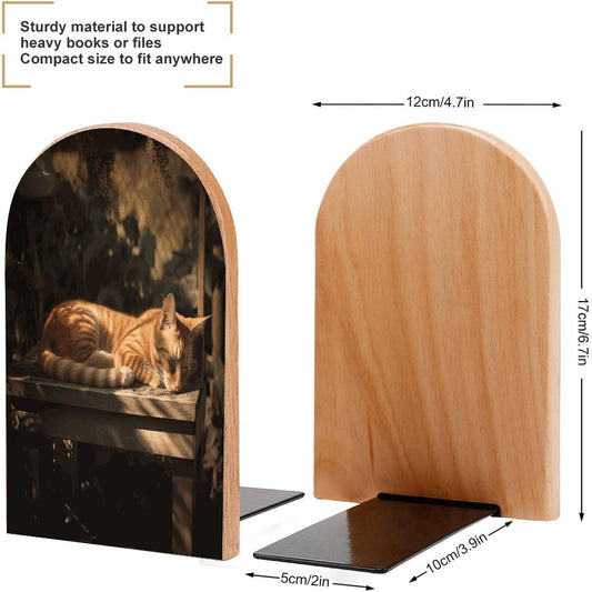 Orange Cat Sleeping Bookend for Shelves Wooden Book End Large Size Sturdy Book Holders Stoppers with Metal Base for Bookshelves Slick Decorative Bookends Stands