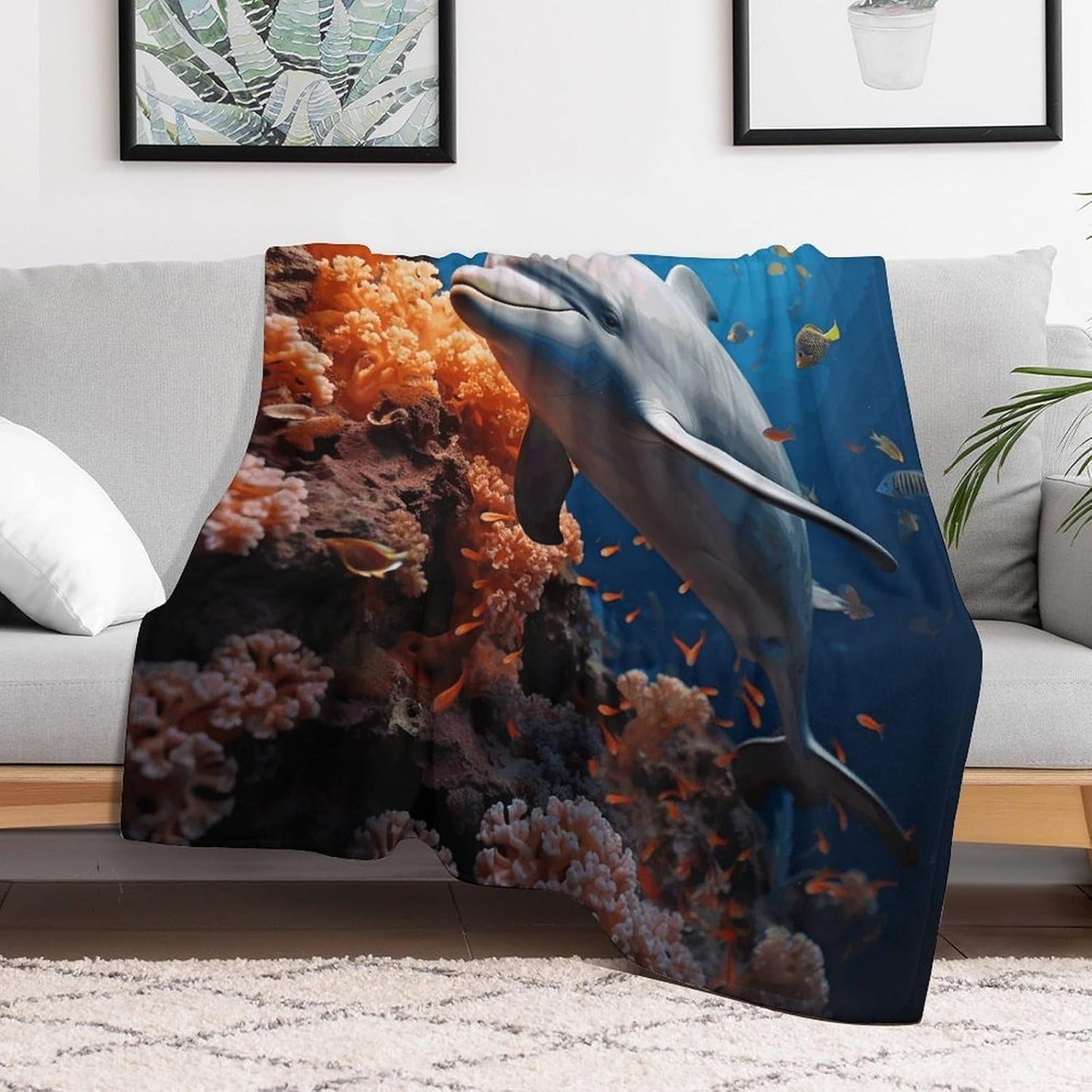Dolphin On Coral Throw Blanket for Couch Super Soft Warm Lightweight Throw Blankets Cozy Flannel Bed Blanket Cute Decorative Blankets for All Seasons Home Decor Gift 60"*80"（150 * 200cm）