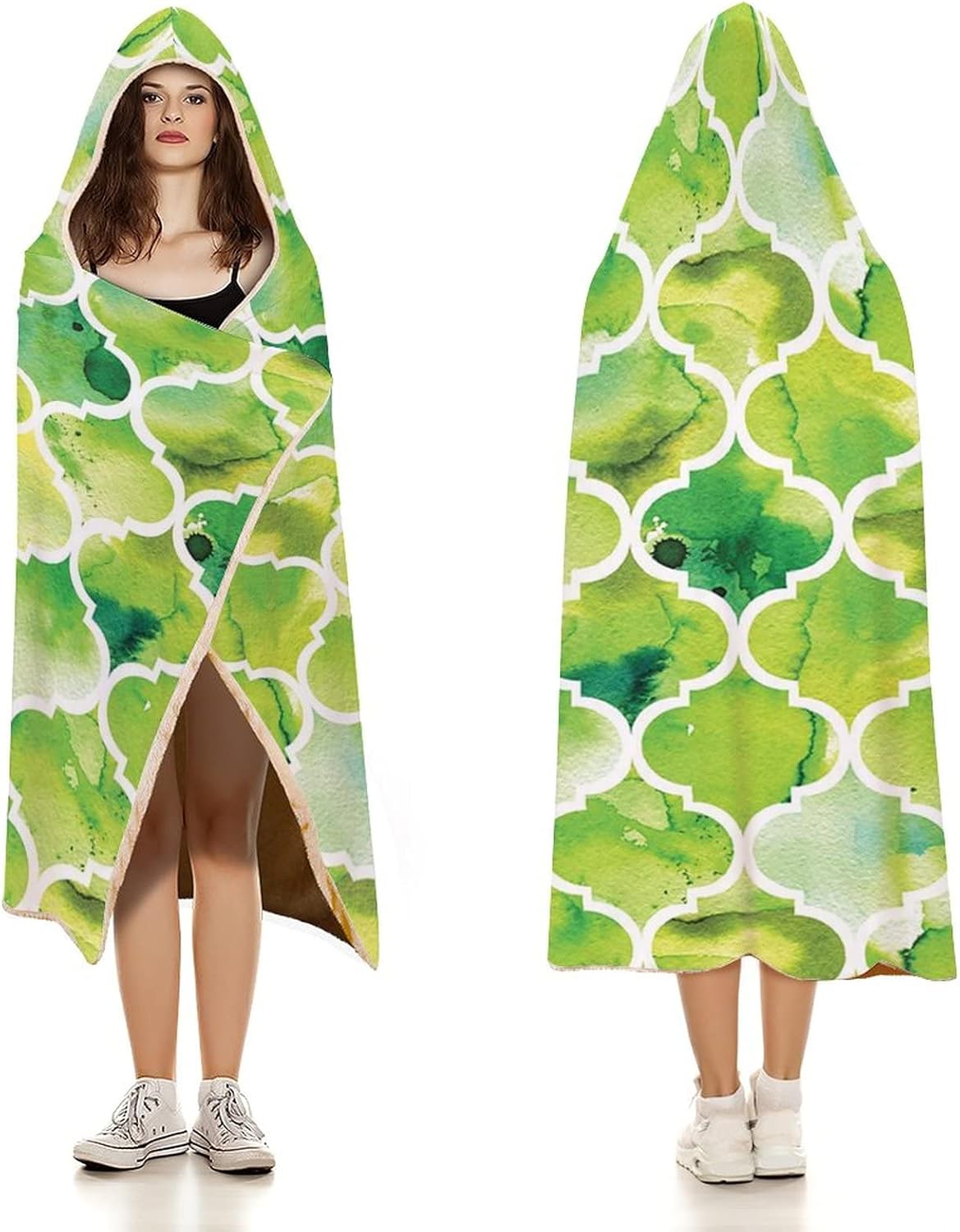 Throw Blankets, Watercolor Women Men Hooded Blanket, Moroccan Trellis Pattern in Green Tones Watercolor, Soft Warm Cozy, 60 x 80inches, Studying Reading Snuggling Napping Office