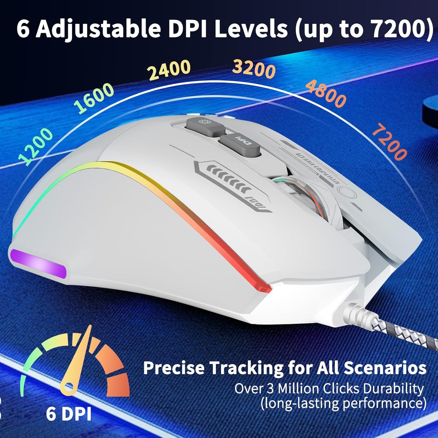 Gaming Mouse, Wired Gaming Mouse with RGB Backlit, 7200DPI Adjustable, PC Gaming Mice with 7 rogrammable Macro Buttonsg, Ergonomic Mouse Gamer for PC, Desktop, Mac，Laptop, Chromebook.