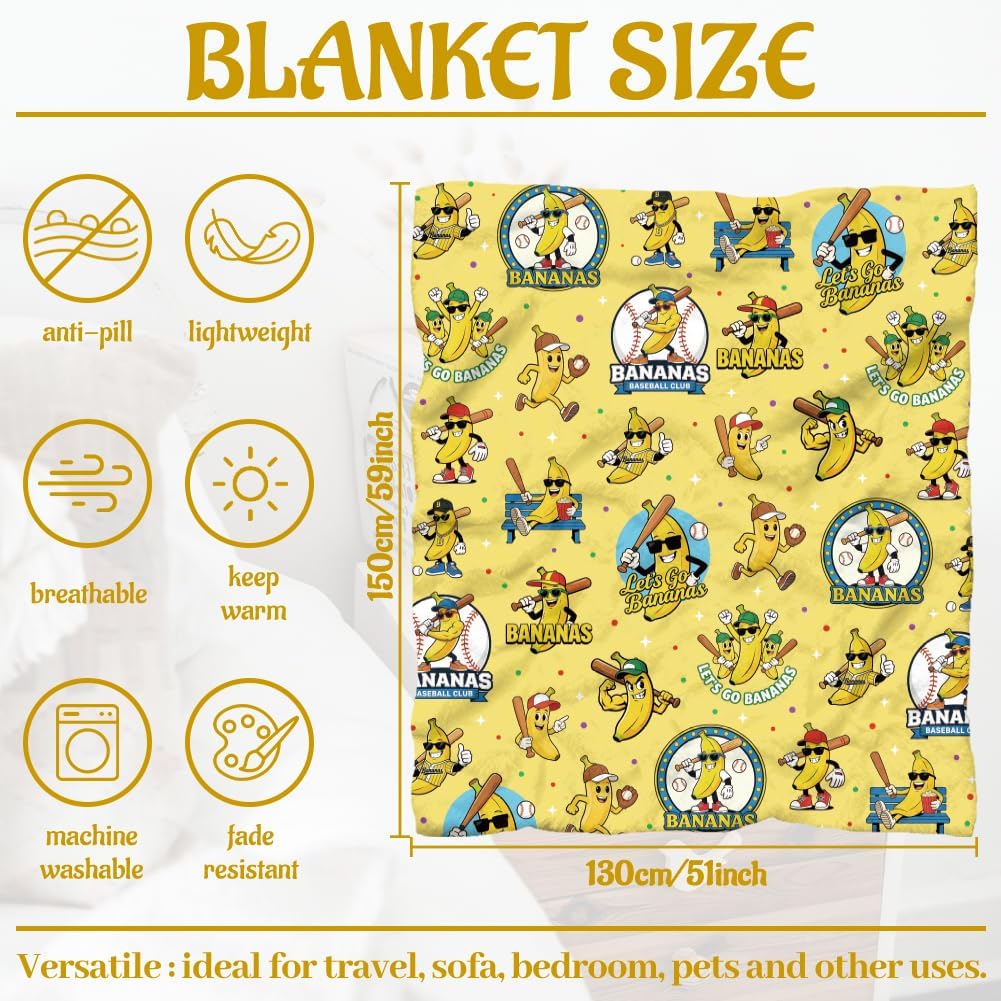 WADORN Banana Baseball Throw Blanket, Cozy Soft Funny Banana Throw Blanket Fuzzy 500GSM Flannel Fleece Blankets Plush Cute Bananas Lover Gifts for Office Living Room Sofa Bed Couch Chairs, 59x51”