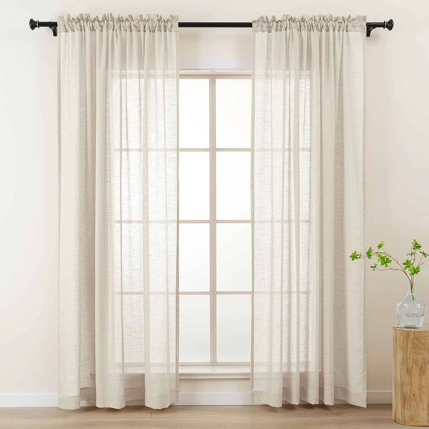 L.Z.E Beige Sheer Curtains 63 Inch Length for Living Room 2 Panels Set Linen Look Sheer Curtains & Drapes for Bedroom Dining Room Nursery Windows Solid Sheers Short Rod Pocket