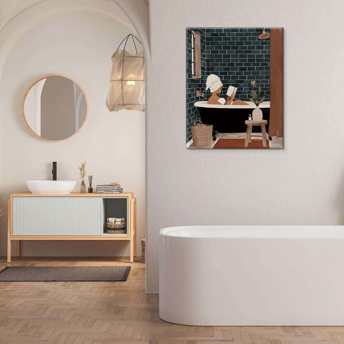 Modern Bathroom Wall Art Print Woman Reading in Bathtub Poster Artwork Wall Decor for Spa Bathroom Washroom 8x10 Canvas Framed