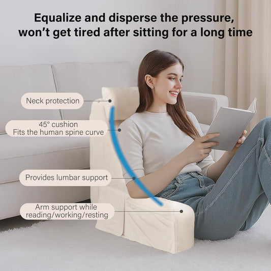 ENITYA 19" Back Pillow for Bed Sitting up, Big Pockets and Washable Removable Cover, Reading Chair for Watching TV/Reading/Gaming/Resting in Bed, Couch or Floor, Medium(Ivory)