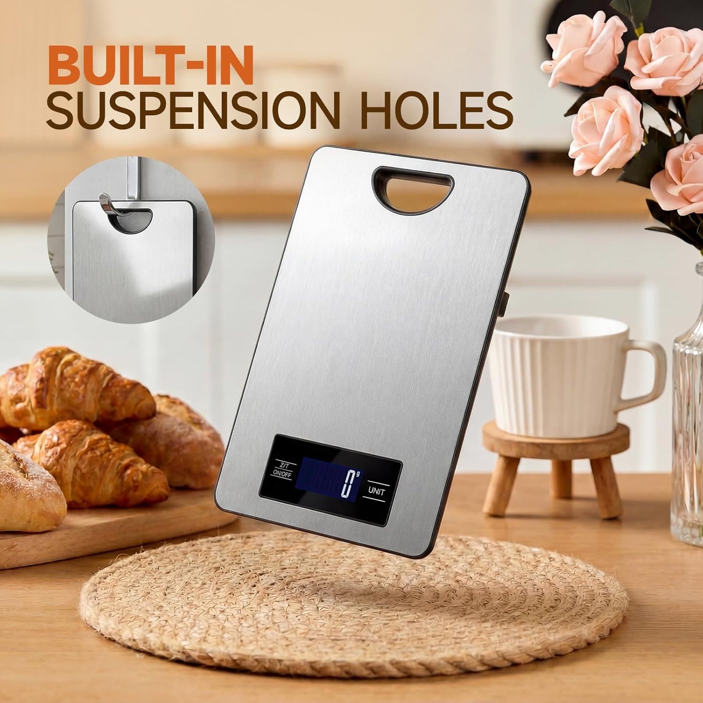 Digital Kitchen Scale & Food Weight Scale with Hang Loop, 11lb Baking Scale for Home and Kitchen, Precise Scales with Grams and Ounces, Stainless Steel