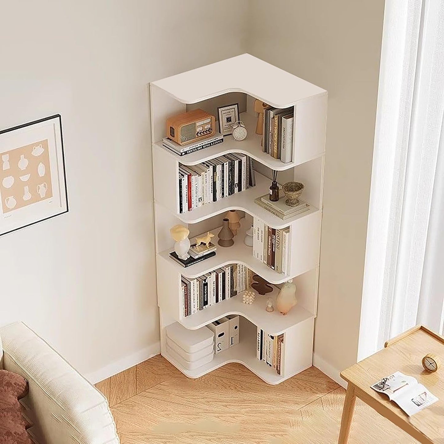 Modern 6-Tier Corner Bookshelf, L-Shaped Freestanding Bookcase with Anti-Drop Panel, Stylish Etagere Shelf for Home Office & Living Room Storage Organizer