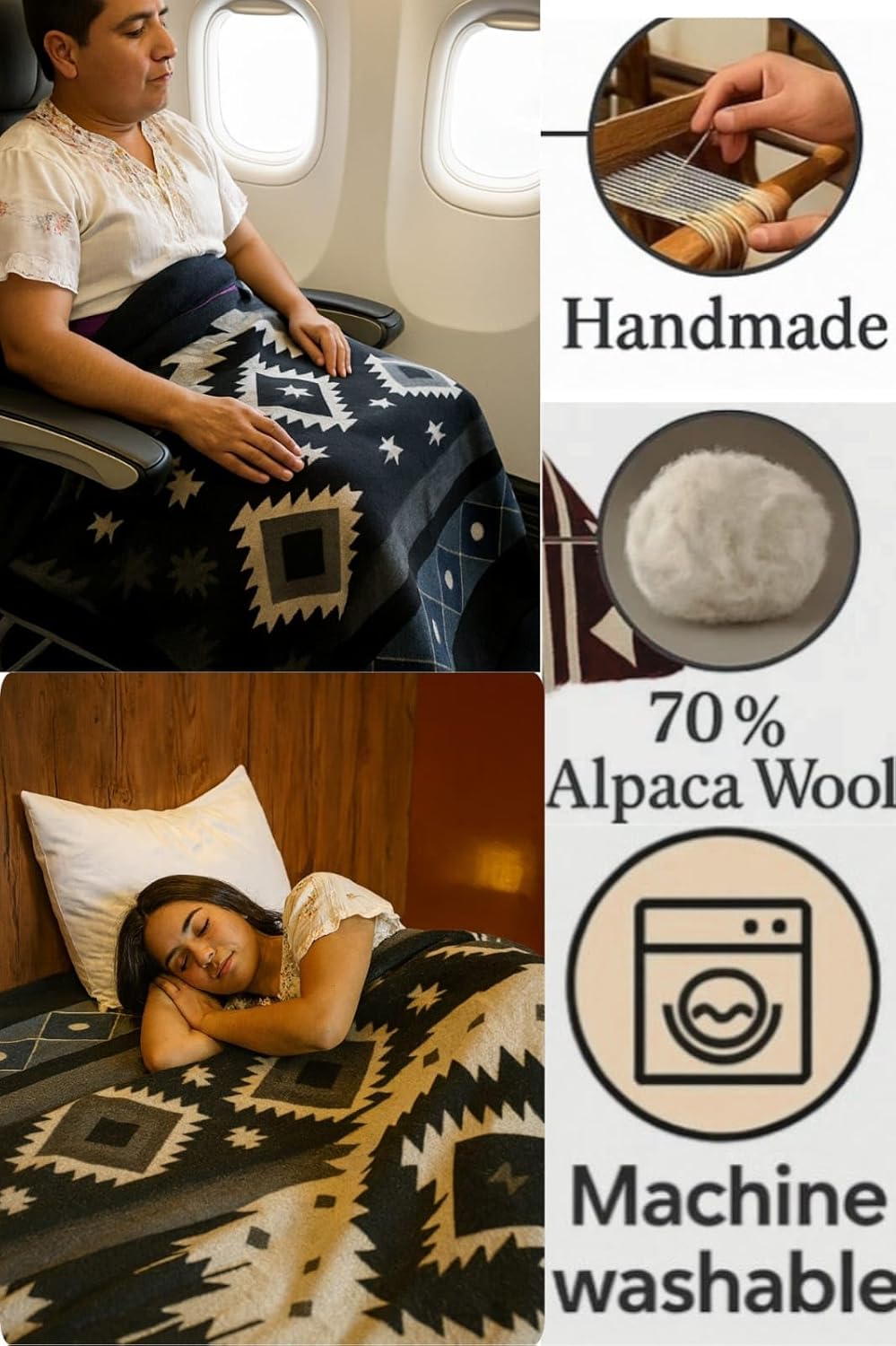Alpaca Wool Blanket, King Size, Reversible 2 in 1, Thick and Ultra Soft, Hypoallergenic, Non-Itchy, Handmade in Ecuador. Premium Alpaca Wool Thtow Blanket for Cozy Comfort. Blue