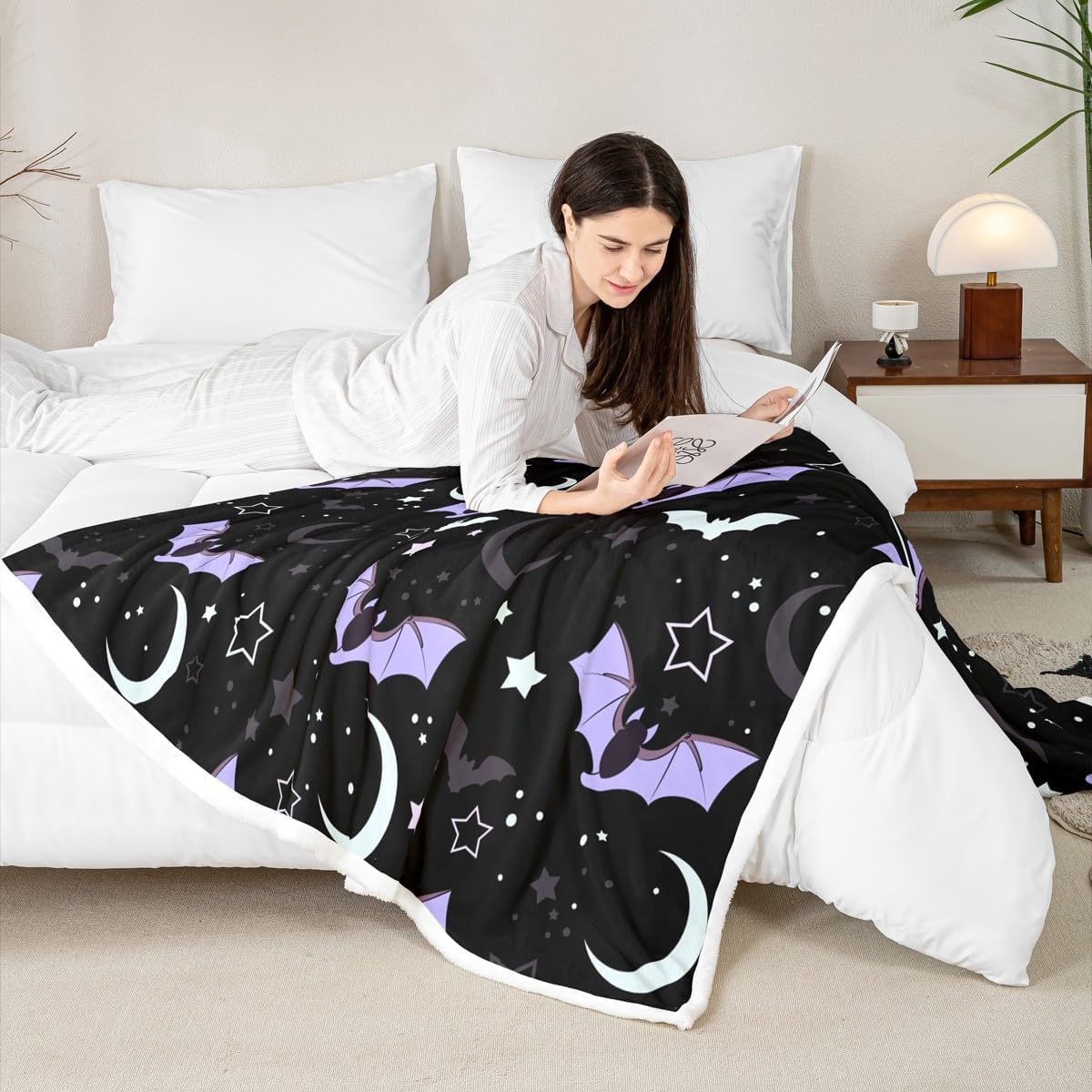 Purple Moon Galaxy Fleece Blanket - 50"x60", Cartoon Bat & Gothic Halloween Throw with Glitter Stars