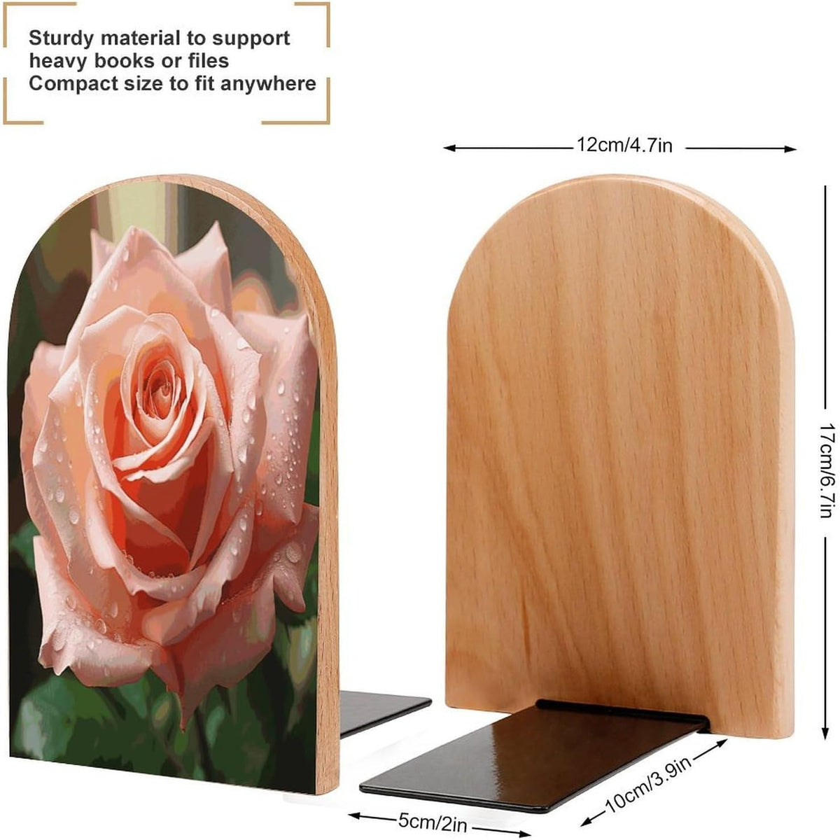 Rose Flower Pink Wooden Bookend Non-Slip Book Ends Heavy Duty Book Stopper with Metal Base Books Holderd Decorative Bookends Stands Firmly for Office Supplies