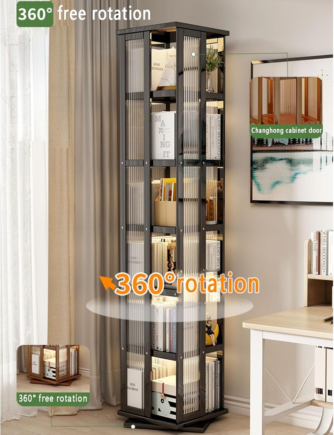 5/6 tier rotating bamboo bookshelf stackable corner bookshelf 360 rotating with storage acrylic small bookcase for small spaces Open Narrow Bookcase for Bedroom and Living Room, Study Room(Black,40*40