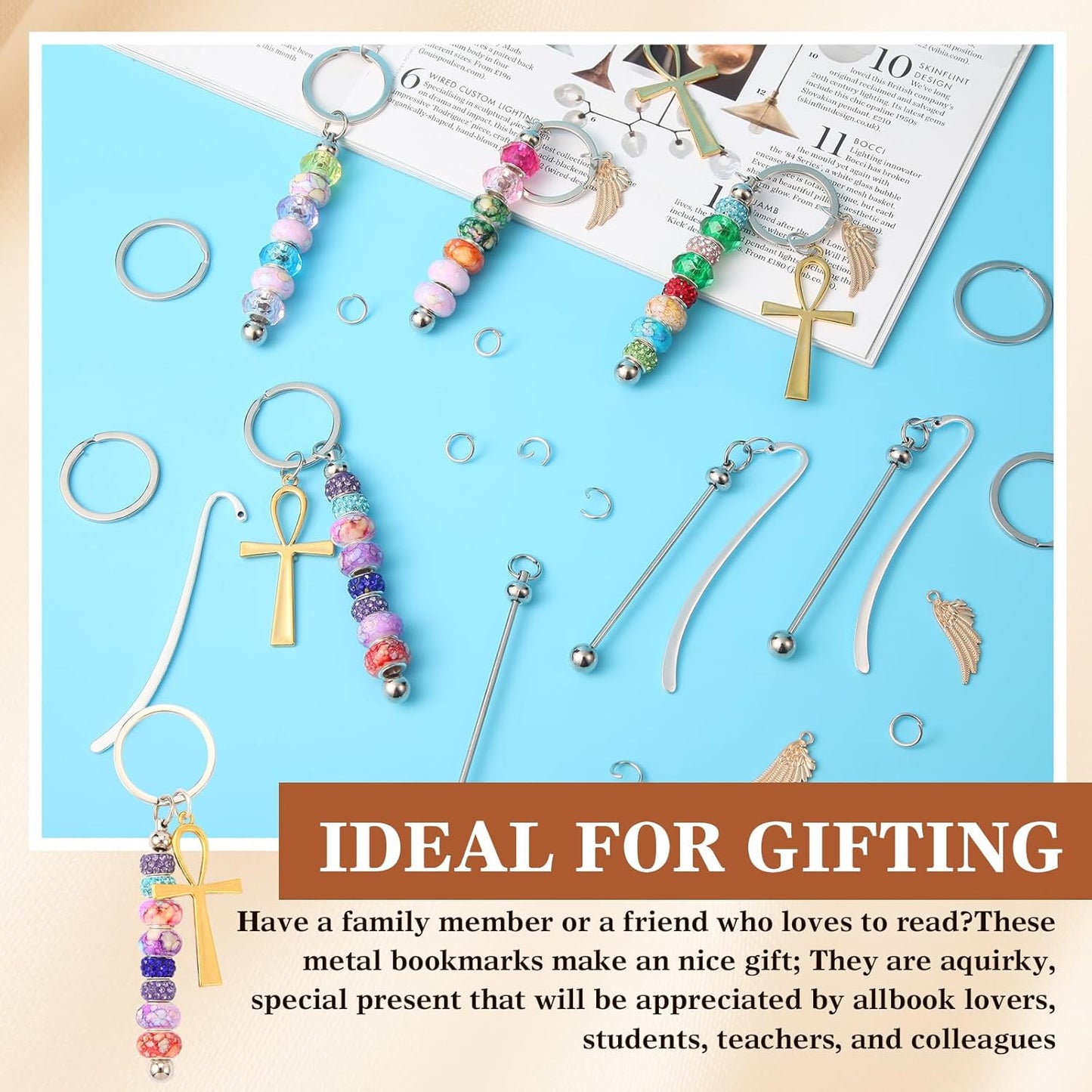 10 Pcs Beadable Bookmark Making kit Blanks DIY Metal Bookmarks with 5 Gold Cross & 5 Gold Wing Charms, Beaded Craft Jewelry Making Kit for Book Lovers, Includes Storage Box