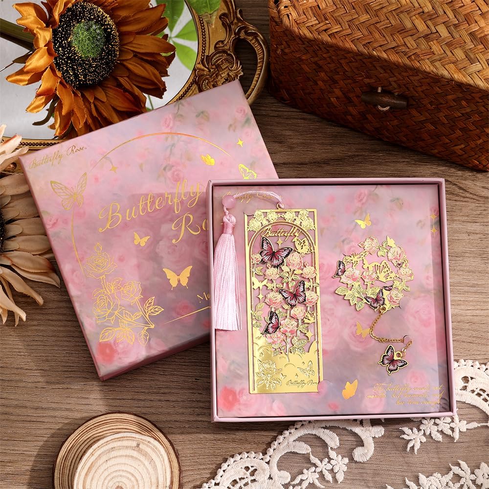 2pcs Bookmark Butterfly Flower Theme Pretty Book Marks Set with Bookmarks for Women, Cute Book Markers for Writers, Kids, Teens, Men Readers, Reading Accessories Gifts for Book Lovers