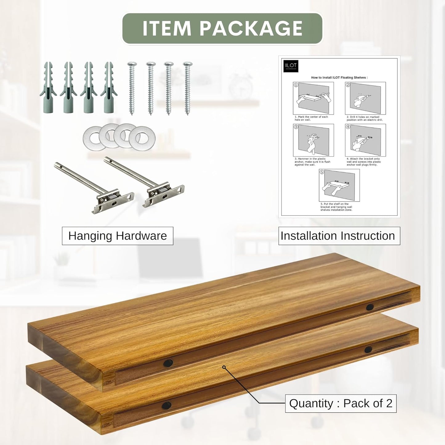 Teak Wood Floating Shelves Perfect for Bathroom Décor Pack of 2 Wooden Wall Shelves for Bedroom Living Room Kitchen Simple Minimalist Home Décor 17” x 6.7