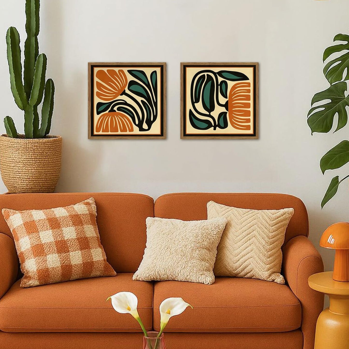 Mid Century Floral Wall Art Set of 2, Modern Square Abstract Botanical Wall Decor Picture, Vintage Boho Eclectic Plant Canvas Prints Paintings for Bedroom Living Room 16x16 inch Wood Framed