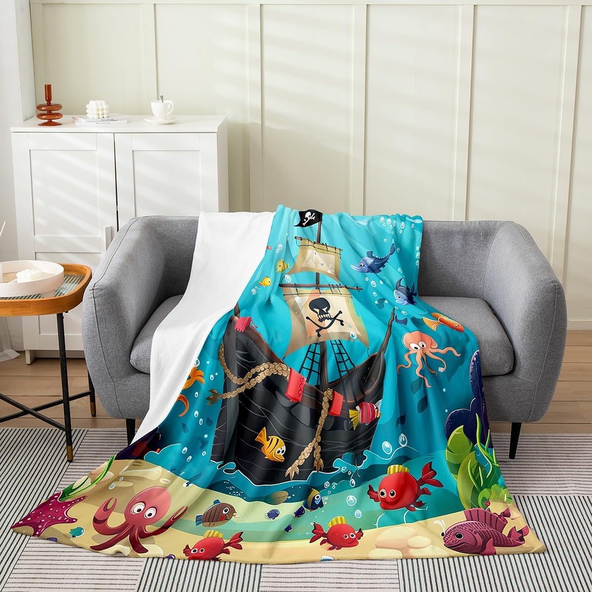 Cartoon Pirate Ship Throw Blanket 40x50 Marine Adventure Fleece Blanket for Kids Underwater Ocean Fish Flannel Blanket All Season Cute Octopus Jellyfish Plush Blanket