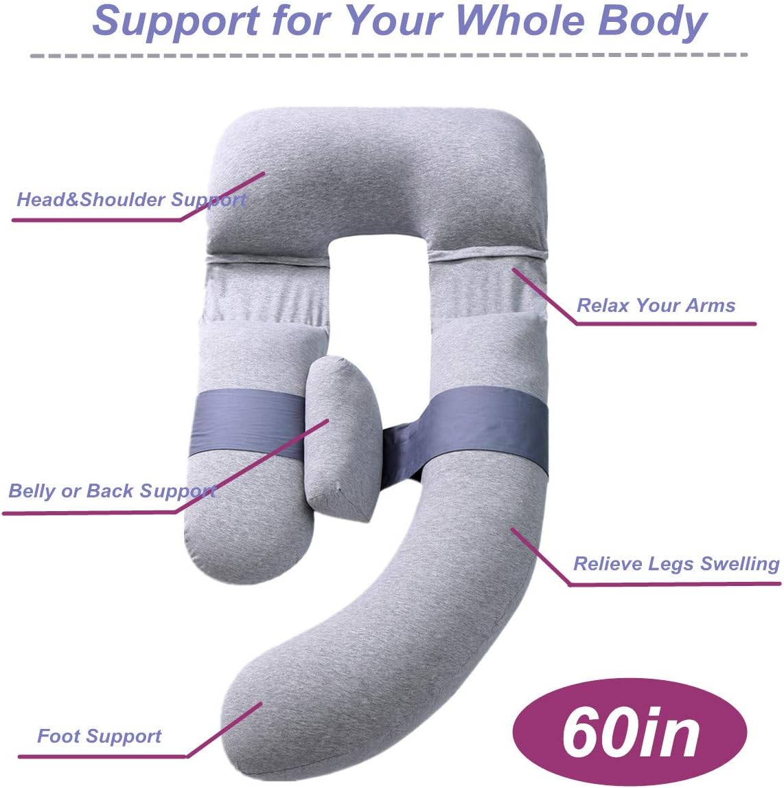 MOON PINE 60 inch Pregnancy Pillow, Detachable U Shape Full Body Pillow for Maternity Support, Sleeping Pillow for Pregnant Women (Grey&Blue-Velvet&Jersey)