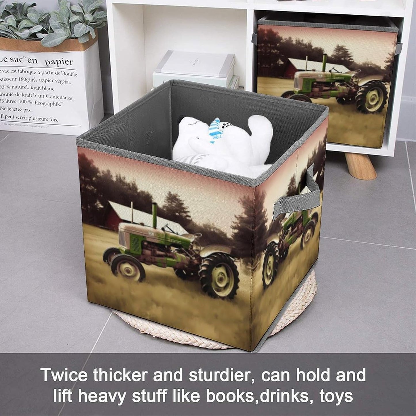 Old Tractor Photo Farm Storage Bins with Handles Fashion Large Storage Cubes Sturdy Foldable Storage Boxes Space-Saving Storage Baskets for Home Office Clothes Closet Organizers