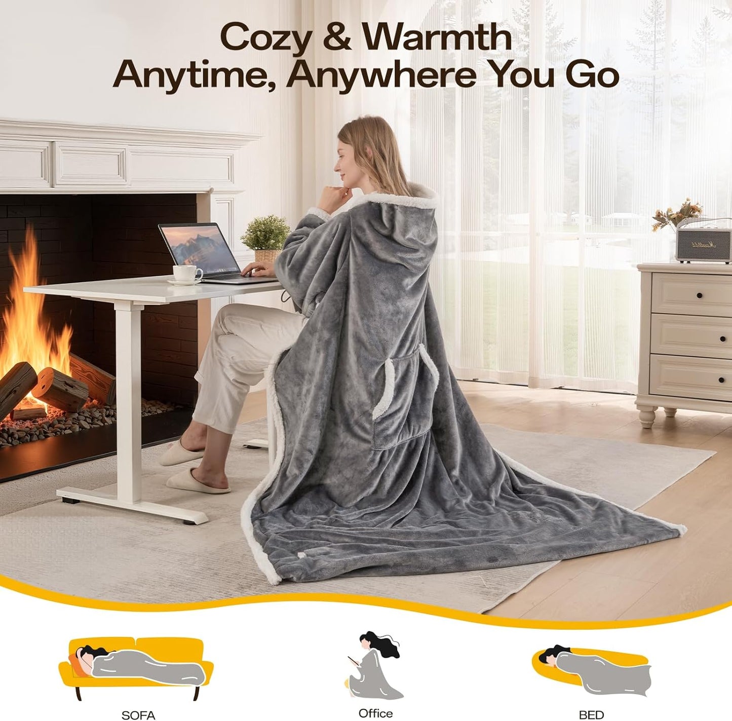 Wearable Electric Blanket Heated Throw, 52" x 72" Fast Heating Wrap Poncho Shawl with Foot Pocket & Sleeves, 6 Heat Levels & 12 Hours Auto Shut-Off, Machine Washable, ETL & FCC Certified, Grey