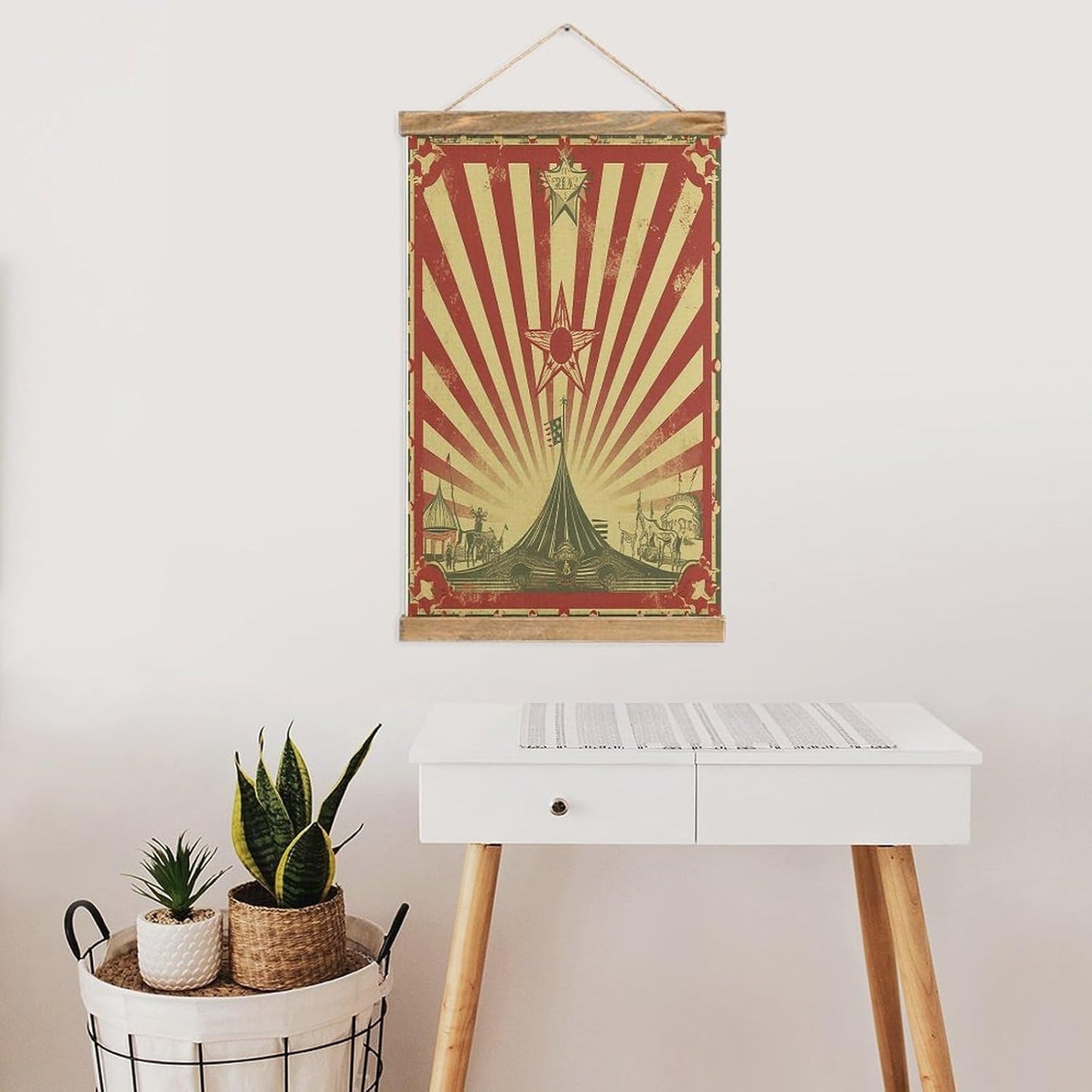 Vintage Vintage Circus Background Poster with Wooden Frame Personalized Linen Hanging Scroll Painting Rustic Wall Hanging Illustrative Modern Artwork Decor for Home Living Room Bedroom Office