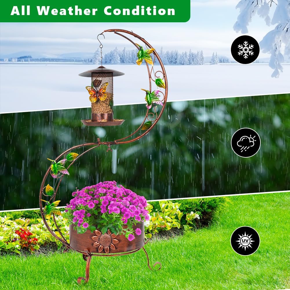 DREAMSOUL Metal Bird Feeder Stand with Flower Planter Pedestal, 35.4 Inch Tall Planter Vintage Bird Feeders for Outdoors Garden Patio Decor