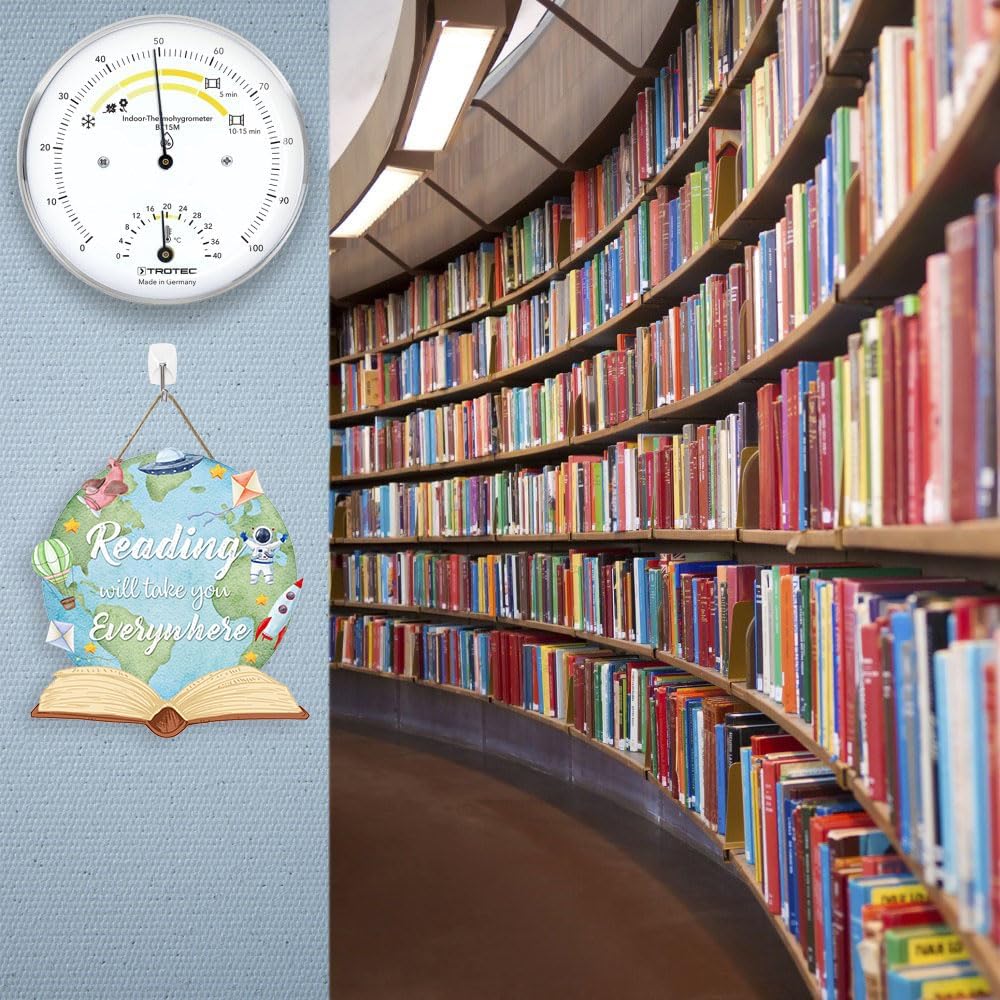 OLMIXA Earth Reading Book Wooden Hanging Sign (11.6x12.2inch), Reading Will Take You Everywhere Inspirational Quote Door Hanger Sign, Educational Reading Sign for Library Study Classroom Decor