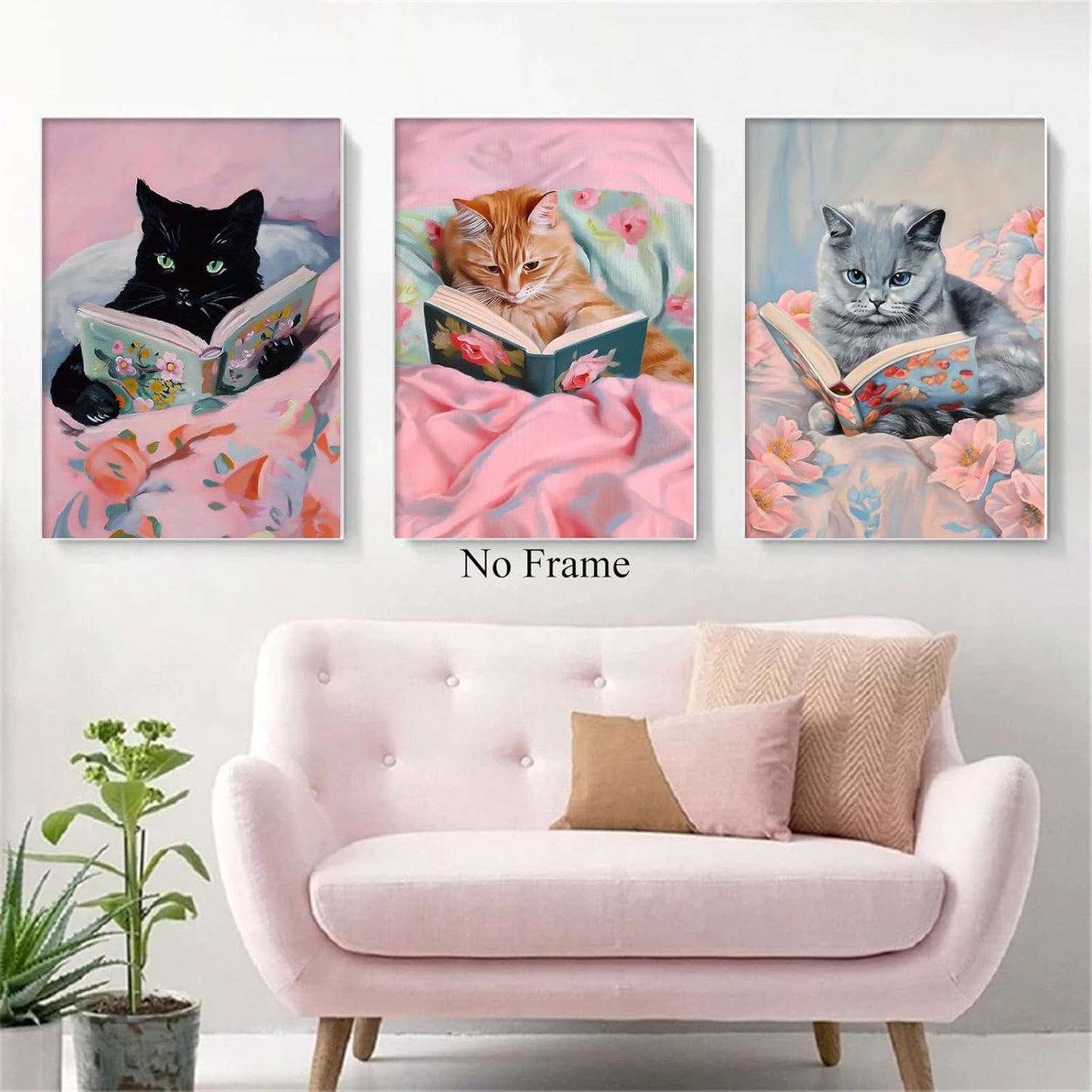 Cat Reading Book Poster Pink Cat Canvas Wall Art Funky Animal Art Prints Aesthetic Cute Paintings Animals Reading Books Wall Art Funny Pink Pictures Cute Trendy Funny Wall Print for Room 16x24in No Frame