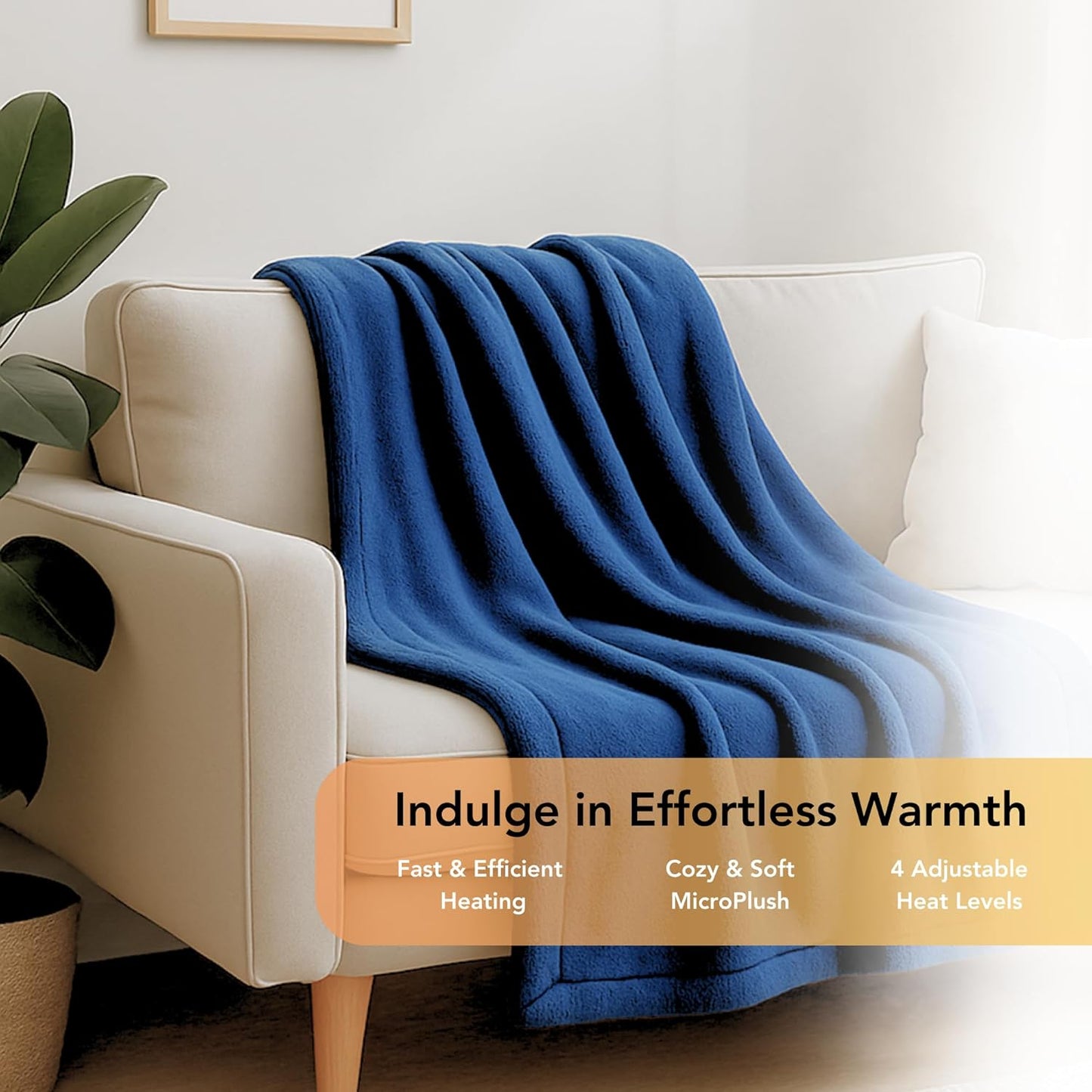 Comfort Zone Heated Blanket Electric Throw, Solid Pattern, Micro Plush Electric Blanket, Heating Blanket with 4 Heating Levels, 3H Timer, Auto Shutoff, Fast Heating (50x60 inches, Navy)