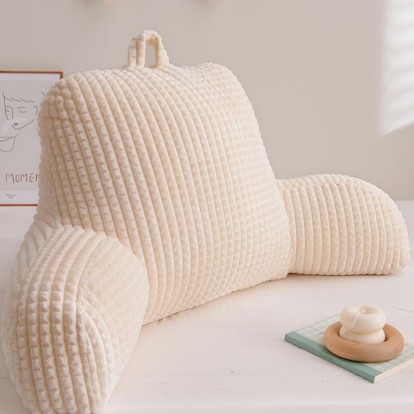 Waffle Wedge Reading Pillow with Arms — Large, Ivory, Adult & Children, Bed or Couch