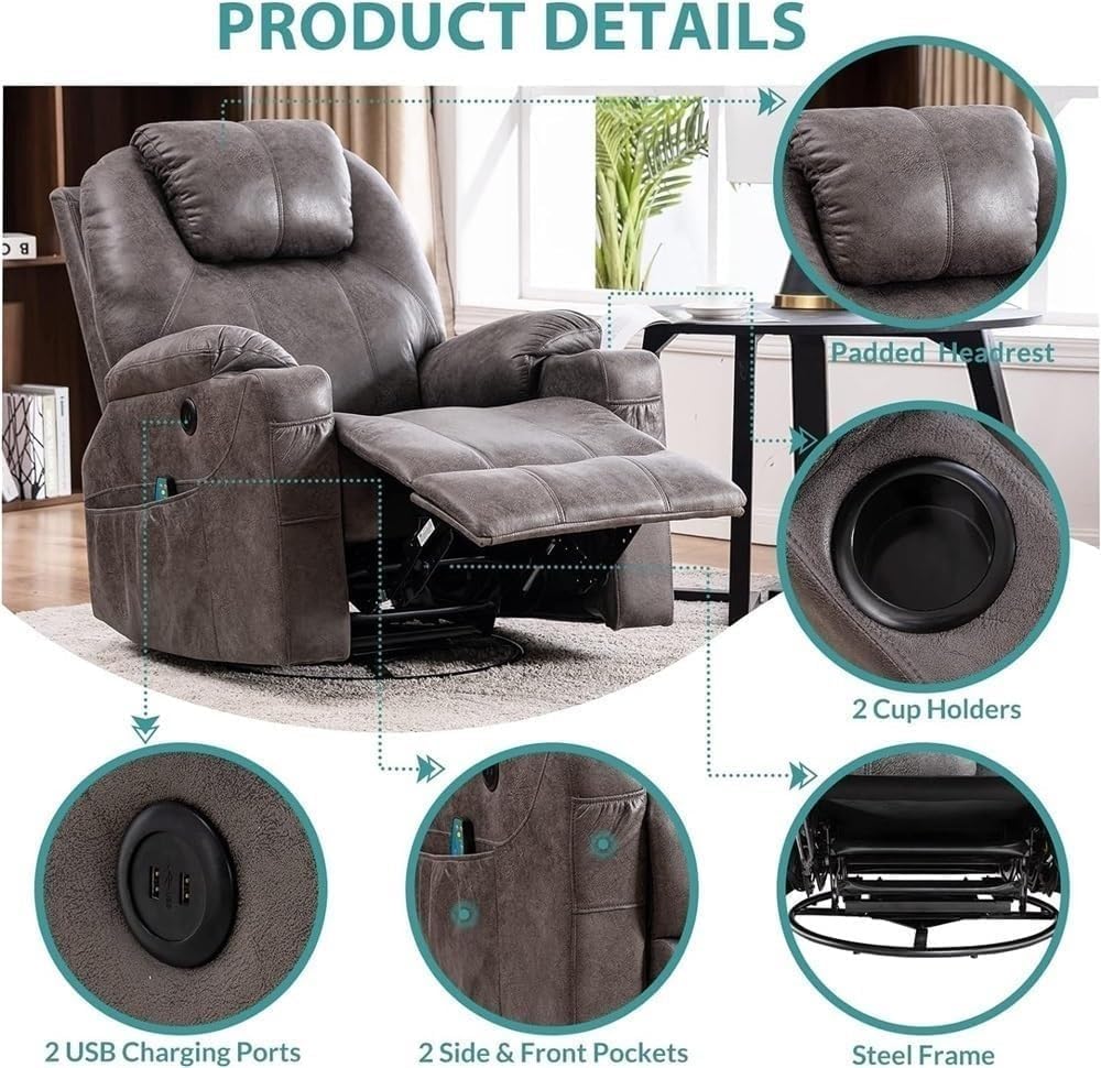 Power Recliner Chair with Massage Heat 360 Swivel Lounge Recliners with USB Ports Cup Holders Ergonomic Glide Rocking Recliner for Home Theater Seating Living Room